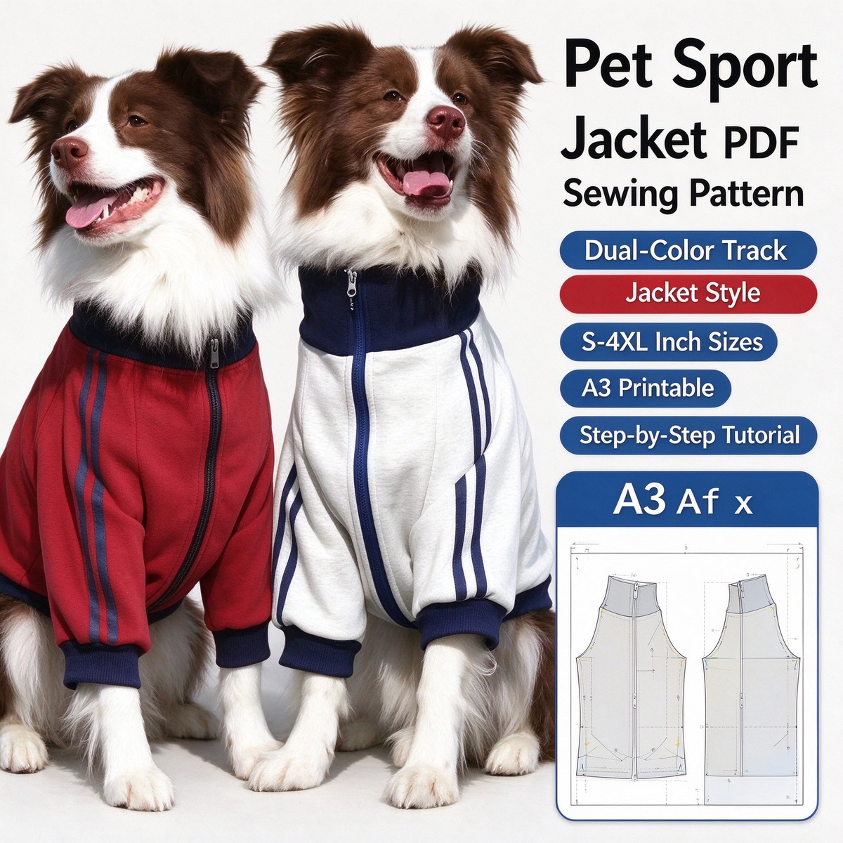 Pet School Uniform Sweatshirt PDF Sewing Pattern | S-4XL Inch Sizes, A3 Printable, Step-by-Step Sewing Tutorial, Digital Dog Coat Pattern