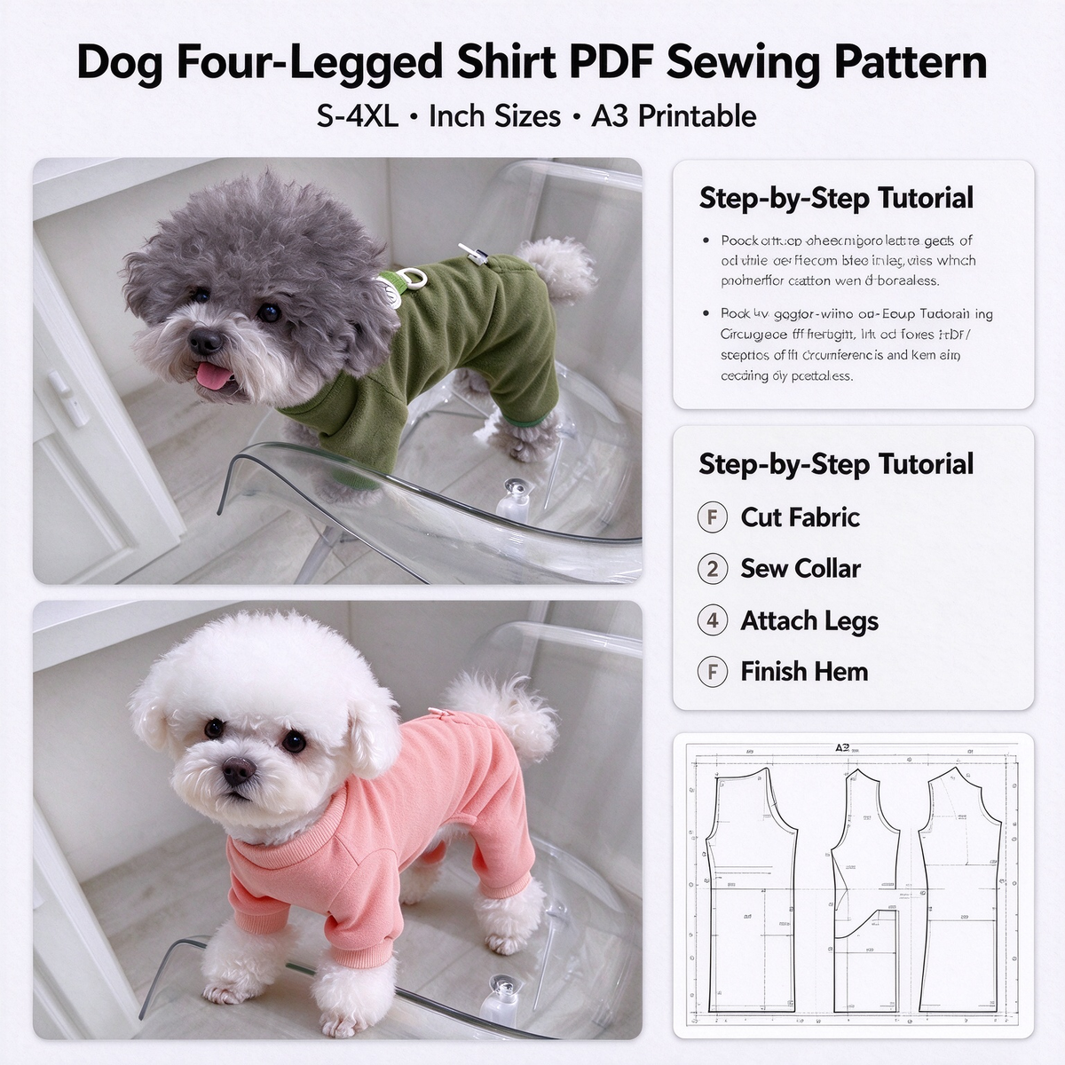 Dog Jumpsuit Bib Combo PDF Sewing Pattern | S-4XL Inch Sizes, A3 Printable with Step-by-Step Sewing Tutorial