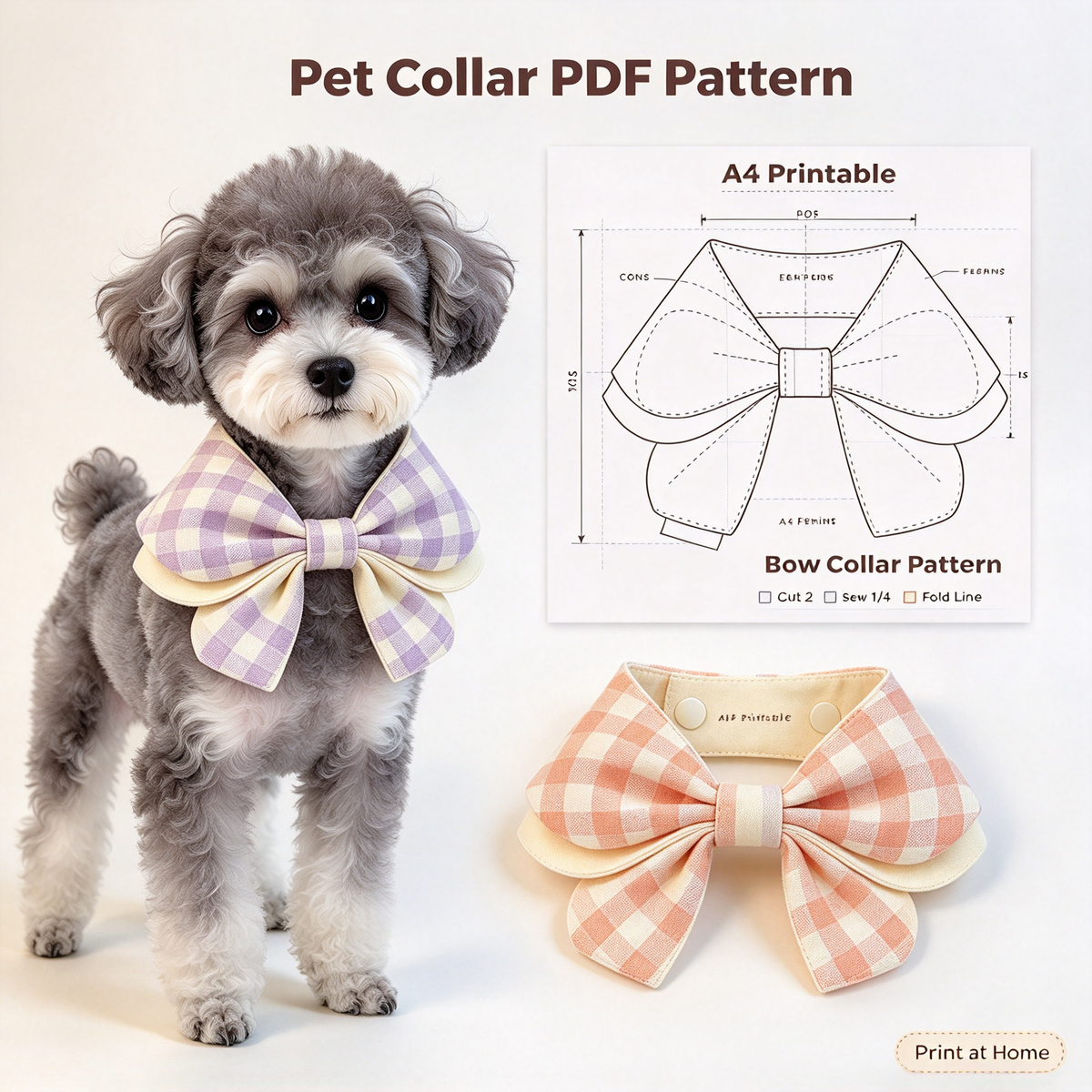 Printable A4 Pet Double Bow Collar PDF Sewing Pattern, Pet Bib for Dog & Cat, Sizes XS-XL