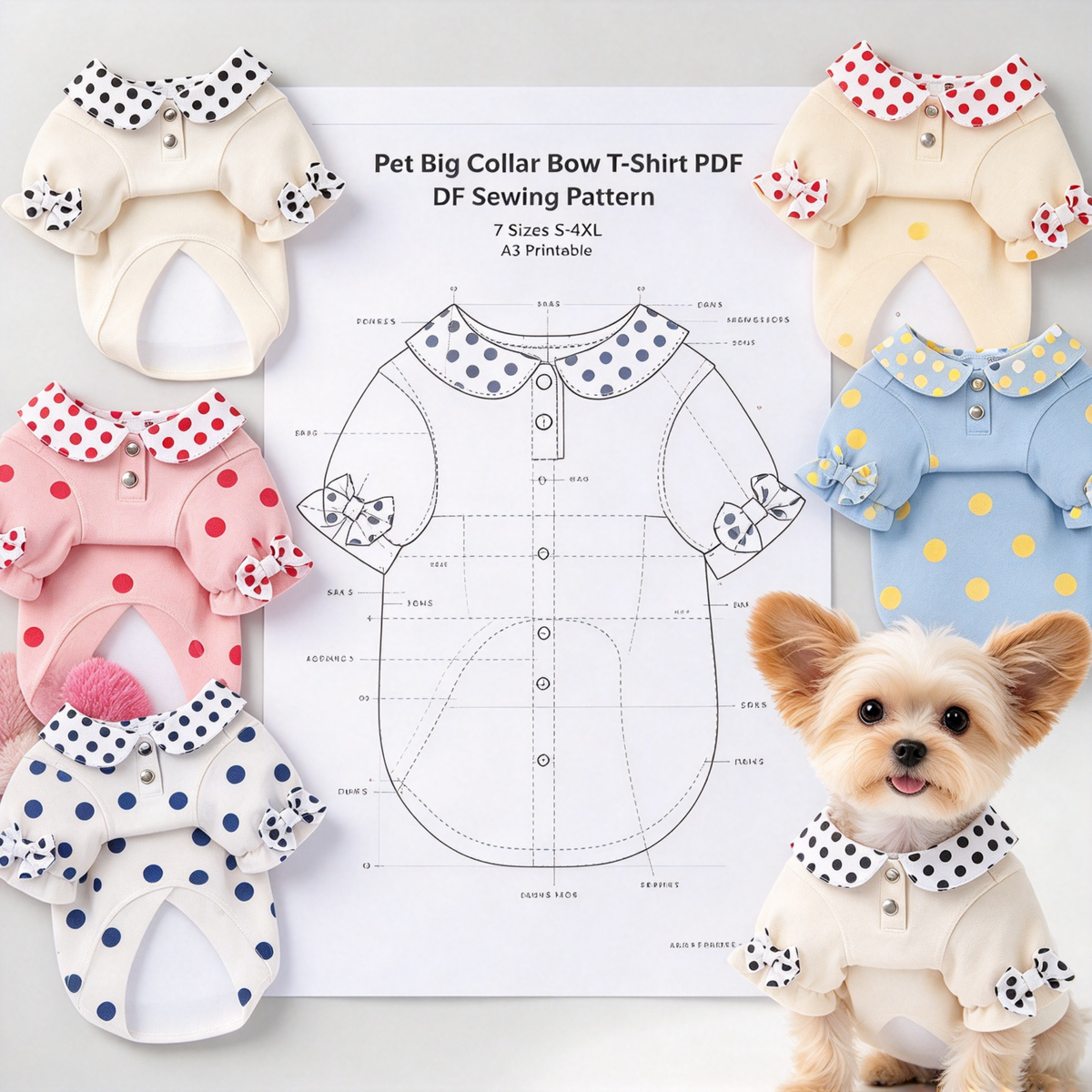 Pet Peter Pan Collar T-Shirt PDF Sewing Pattern | 7 Sizes S–XXXXL, Inch & Pound Size Chart, A3 Printable, Step-by-Step Sewing Tutorial for Dogs & Cats