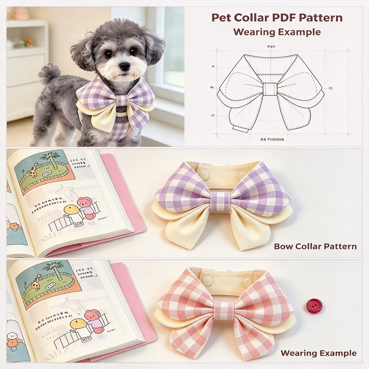 Printable A4 Pet Double Bow Collar PDF Sewing Pattern, Pet Bib for Dog & Cat, Sizes XS-XL