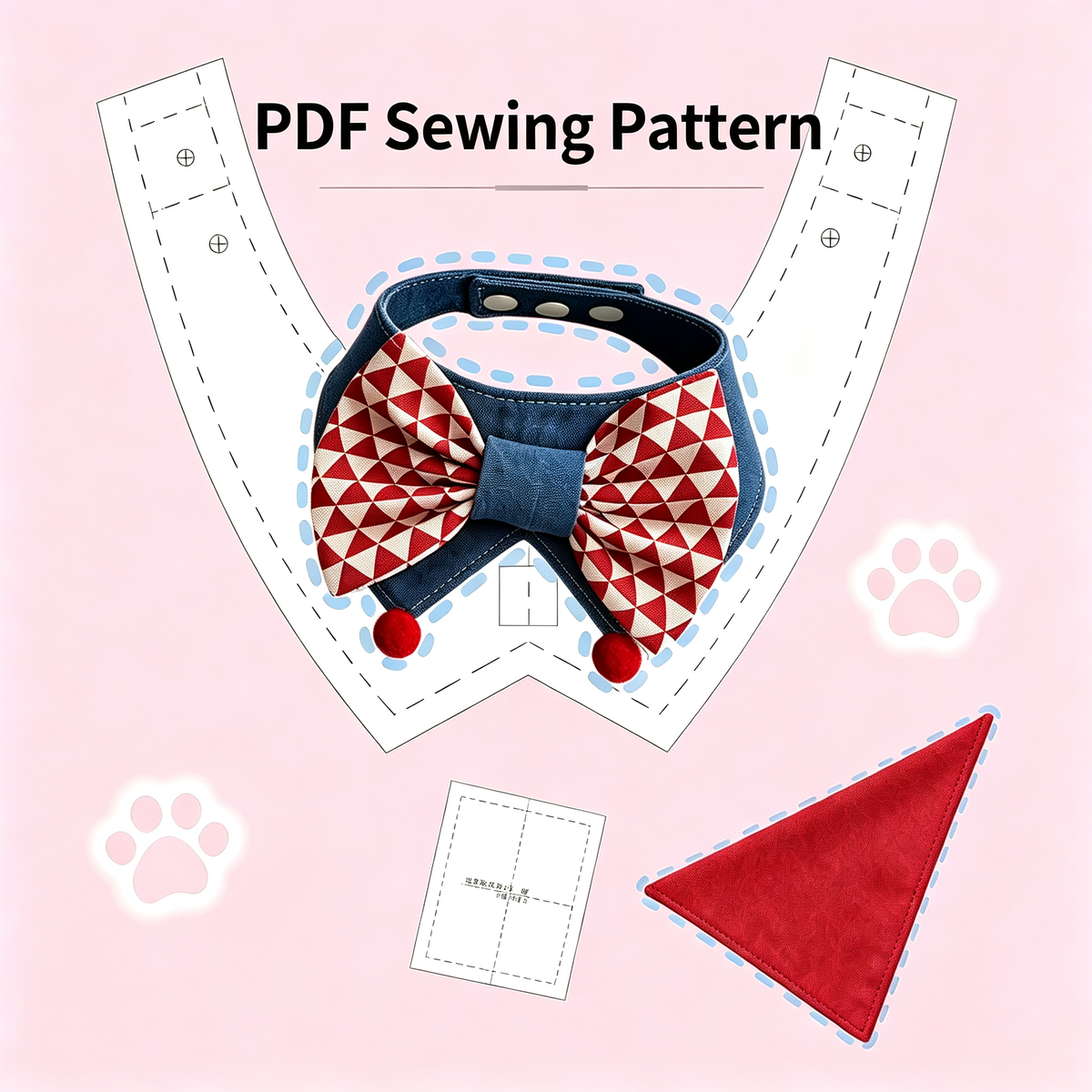 Pet Bow Tie Collar Sewing Pattern PDF | XS-XL Sizes, DIY Dog & Cat Bandana Bib Sewing Template, Instant Download**