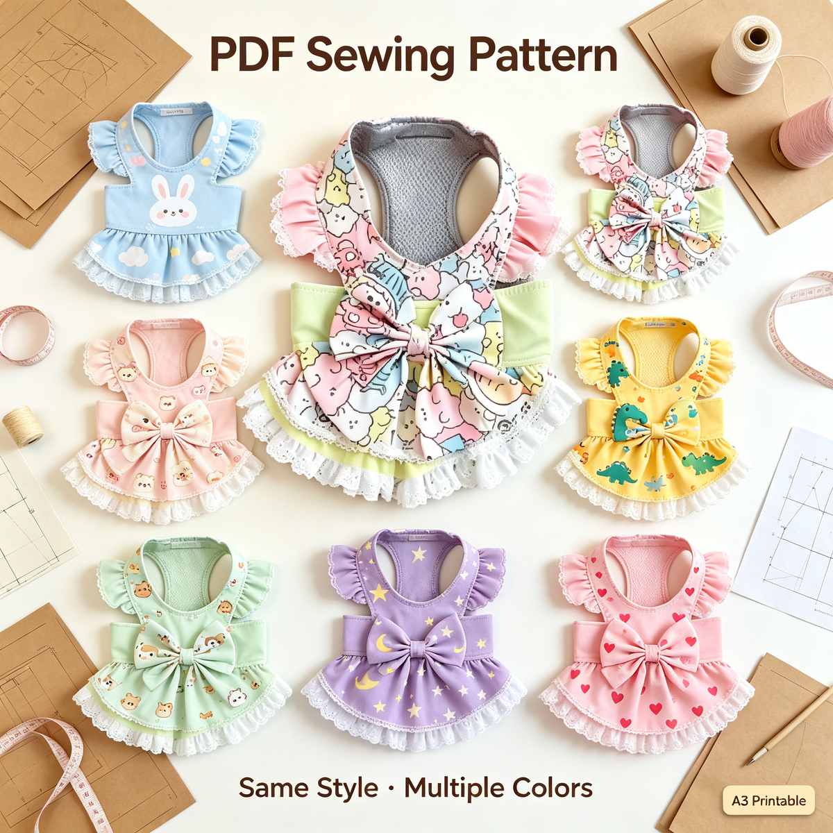 Pet Princess Bow Harness Dress Sewing Pattern + Video Tutorial | S-4XL | A3 Printable PDF for Dogs & Cats