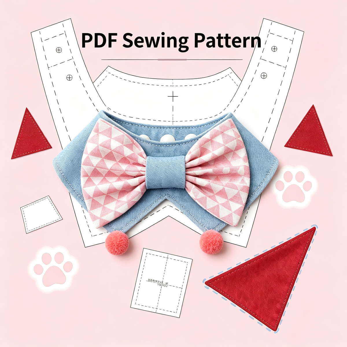 Pet Bow Tie Collar Sewing Pattern PDF | XS-XL Sizes, DIY Dog & Cat Bandana Bib Sewing Template, Instant Download**