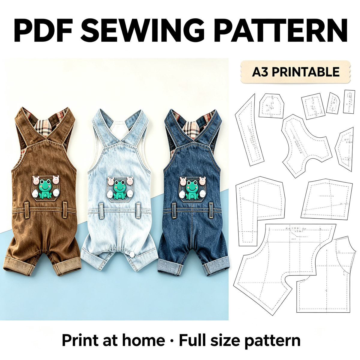 Pet Denim Overalls Sewing Pattern with Video Tutorial | A3 Printable PDF | 7 Sizes S-4XL | Dog Cat Cross-Back Jumpsuit