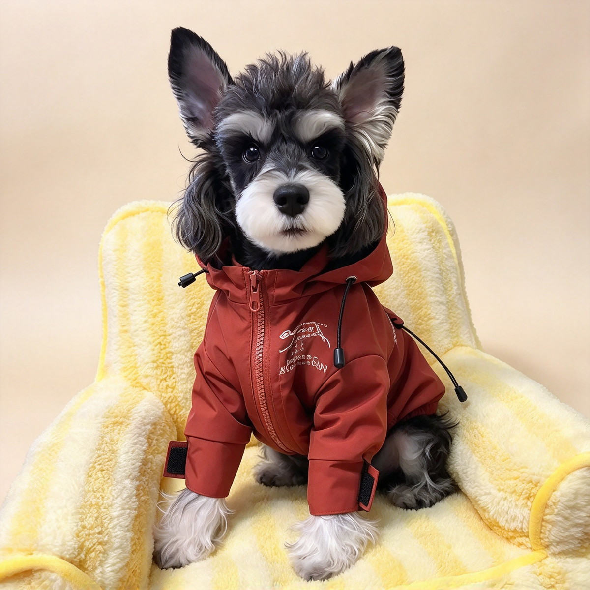 Warm waterproof dog hooded jacket for autumn & winter. Windproof pet outdoor coat with front zipper, available in XS–XXL sizes, measured in inches. Perfect for small dogs like Schnauzer, great for walking & outdoor adventures.