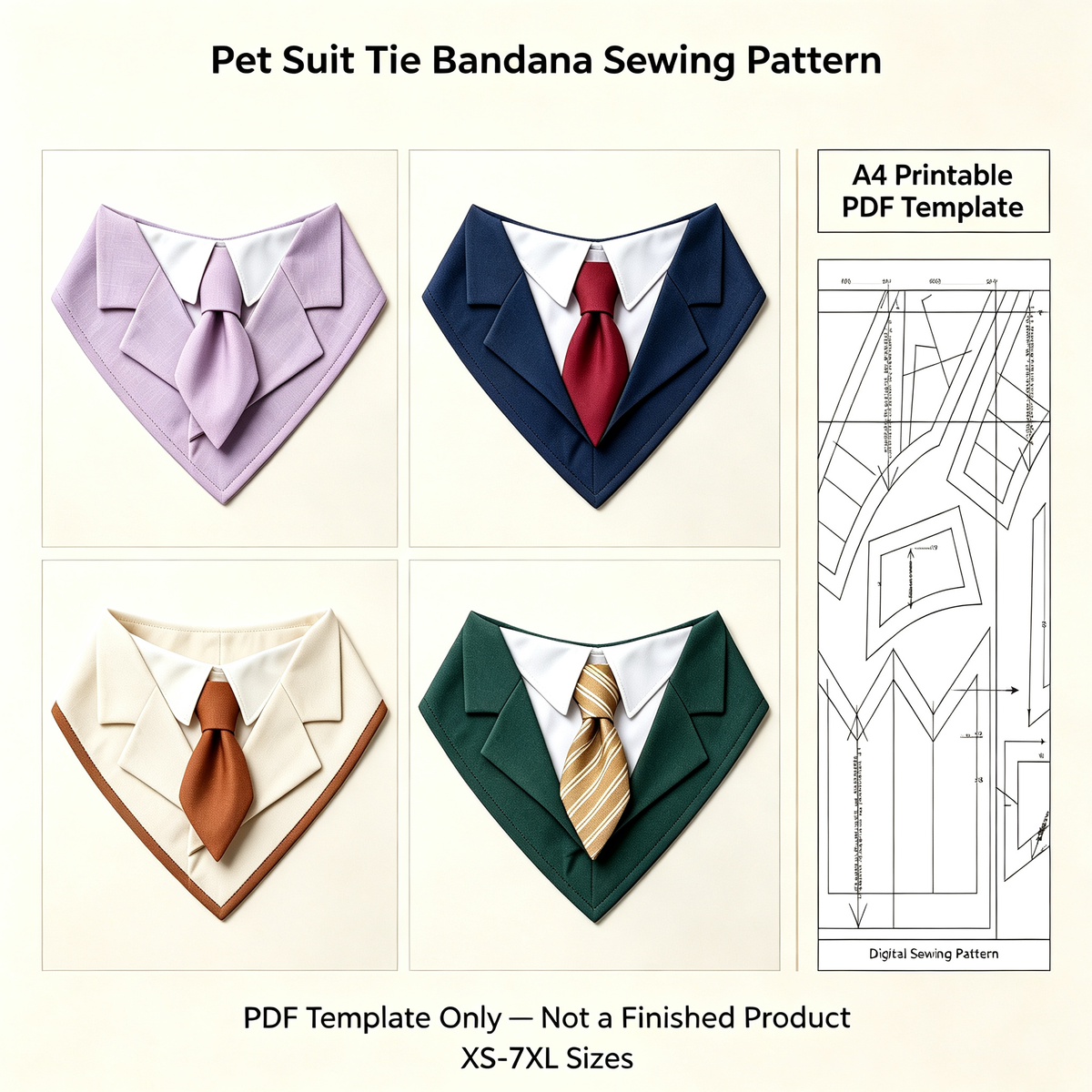 Pet Suit Tie Bandana Sewing Pattern, Gentle Dog & Cat Collar Bib PDF Sewing Template, XS-7XL Multi Sizes Digital Sewing Pattern