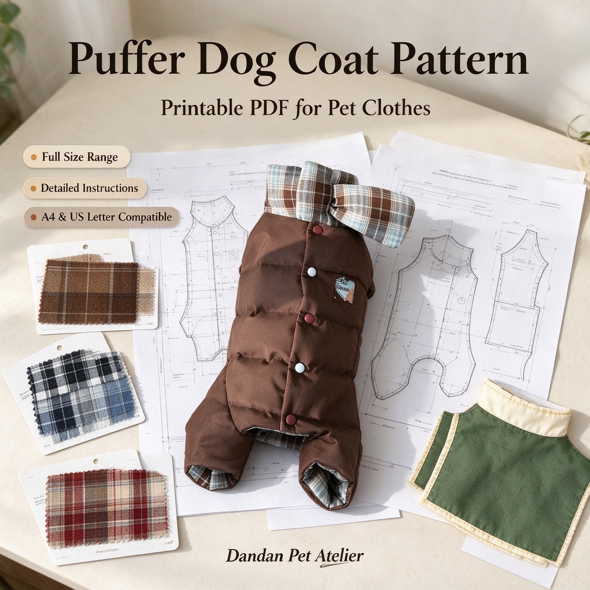 Pet Winter Puffer Coat Sewing Pattern With Tutorial | A4 Printable PDF & PLT Files, 13 Sizes XS-9XL, Dog Saliva Bib Included, Instant Download
