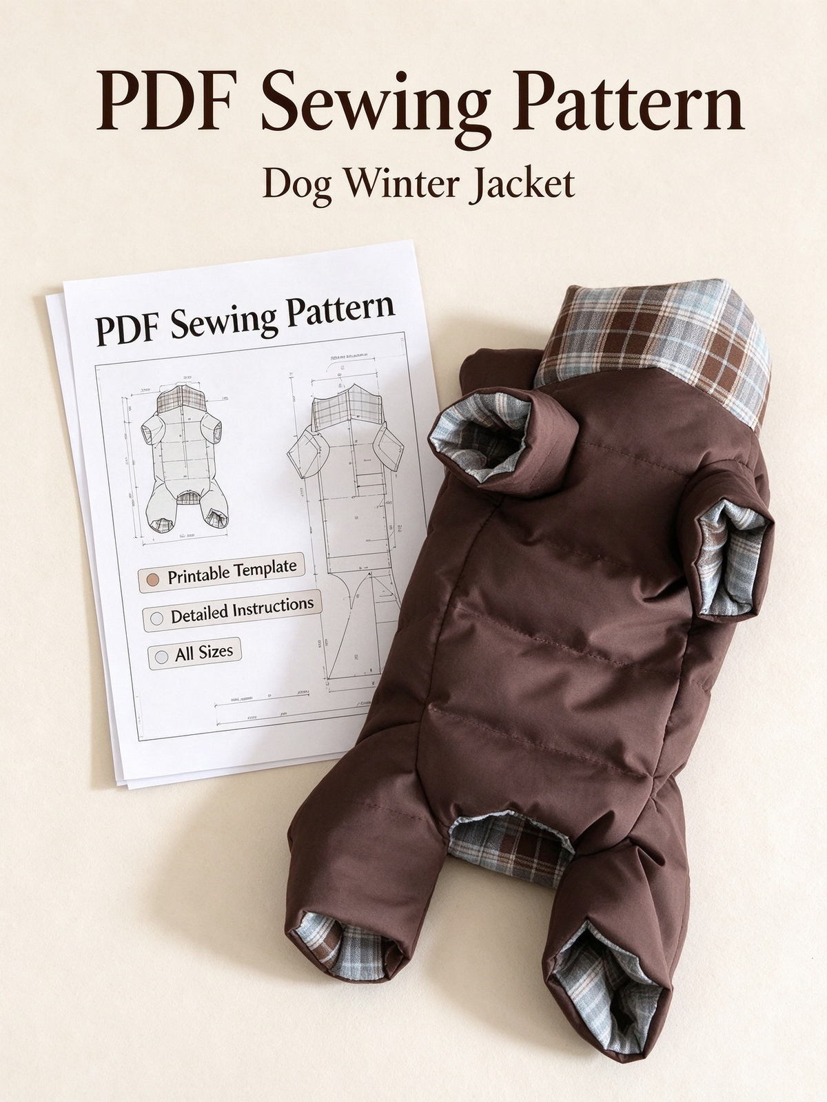 Pet Winter Puffer Coat Sewing Pattern With Tutorial | A4 Printable PDF & PLT Files, 13 Sizes XS-9XL, Dog Saliva Bib Included, Instant Download