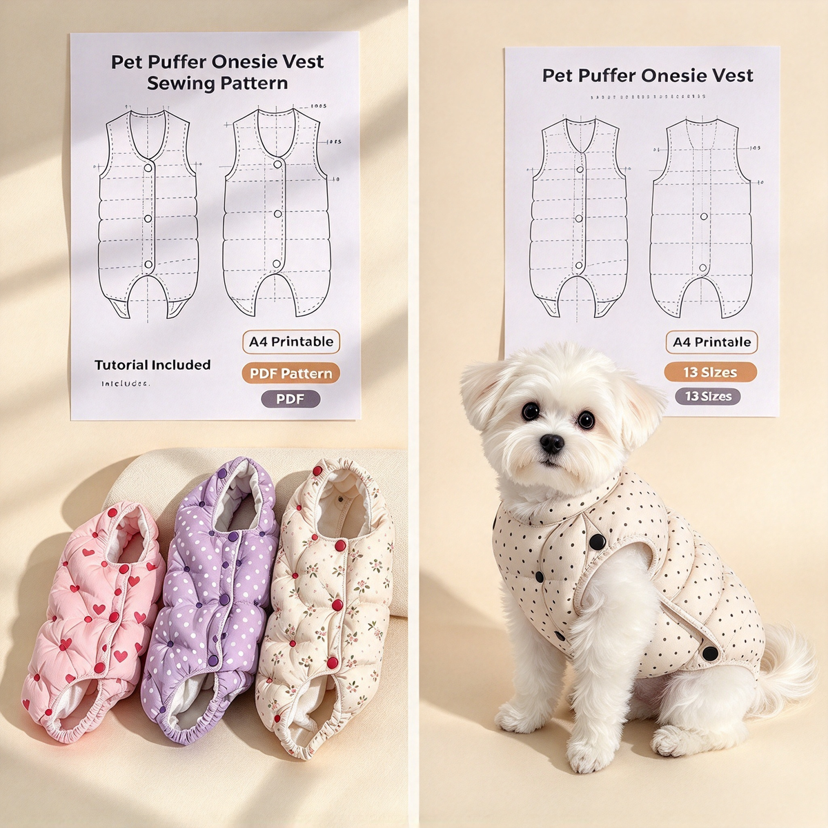 Pet Puff Quilted Bodysuit Vest Sewing Pattern XS-9XL | PDF+PLT Sewing Tutorial, A4 Printable Dog Winter Warm Coat Pattern
