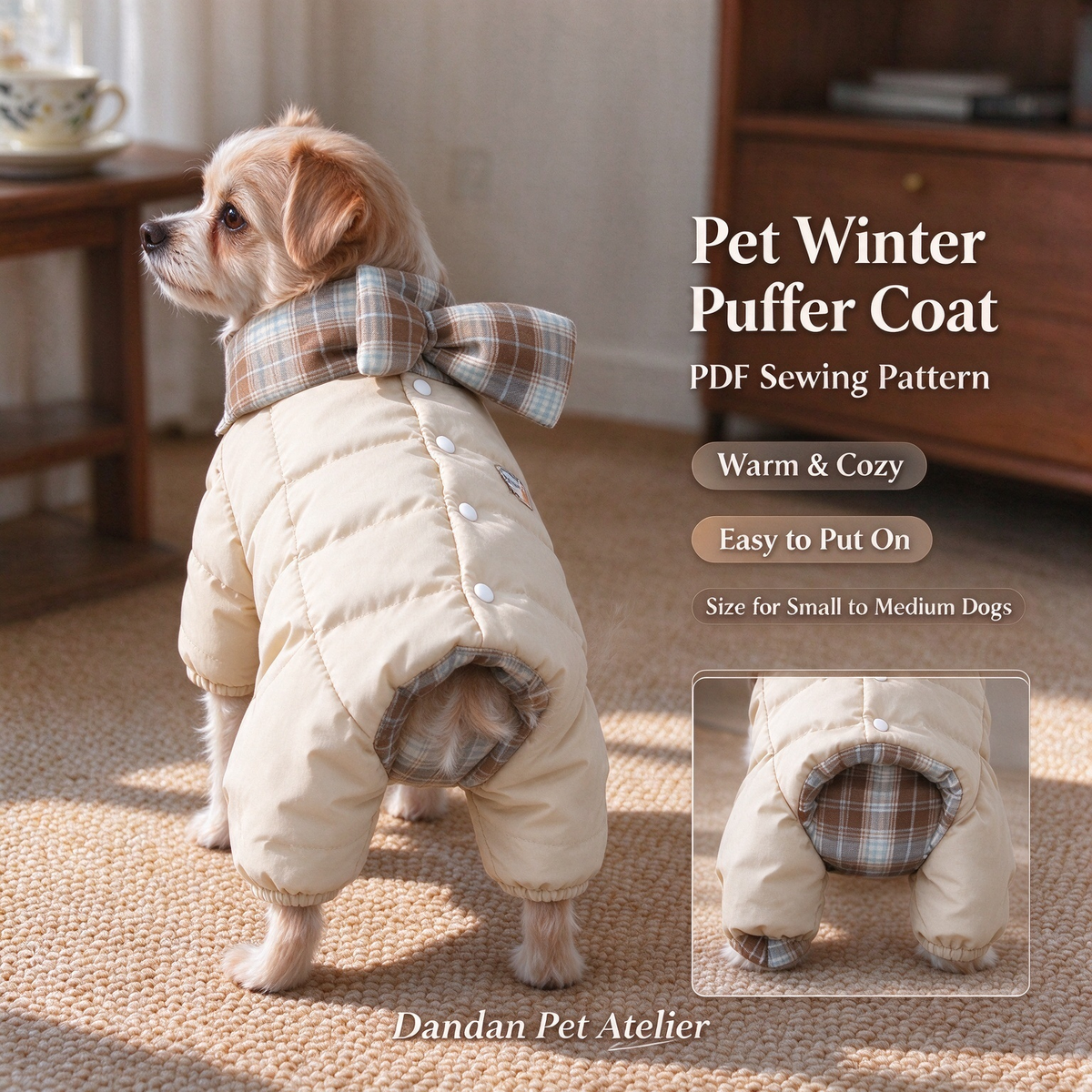 Pet Winter Puffer Coat Sewing Pattern With Tutorial | A4 Printable PDF & PLT Files, 13 Sizes XS-9XL, Dog Saliva Bib Included, Instant Download