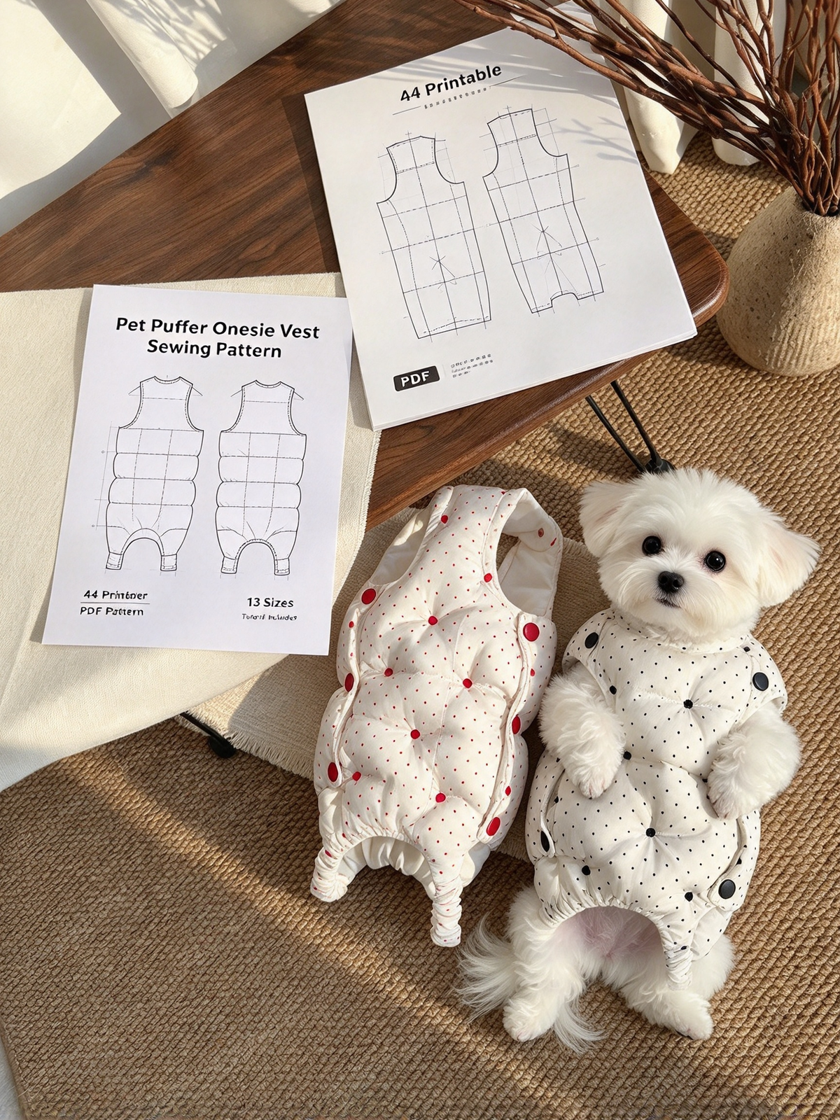 Pet Puff Quilted Bodysuit Vest Sewing Pattern XS-9XL | PDF+PLT Sewing Tutorial, A4 Printable Dog Winter Warm Coat Pattern