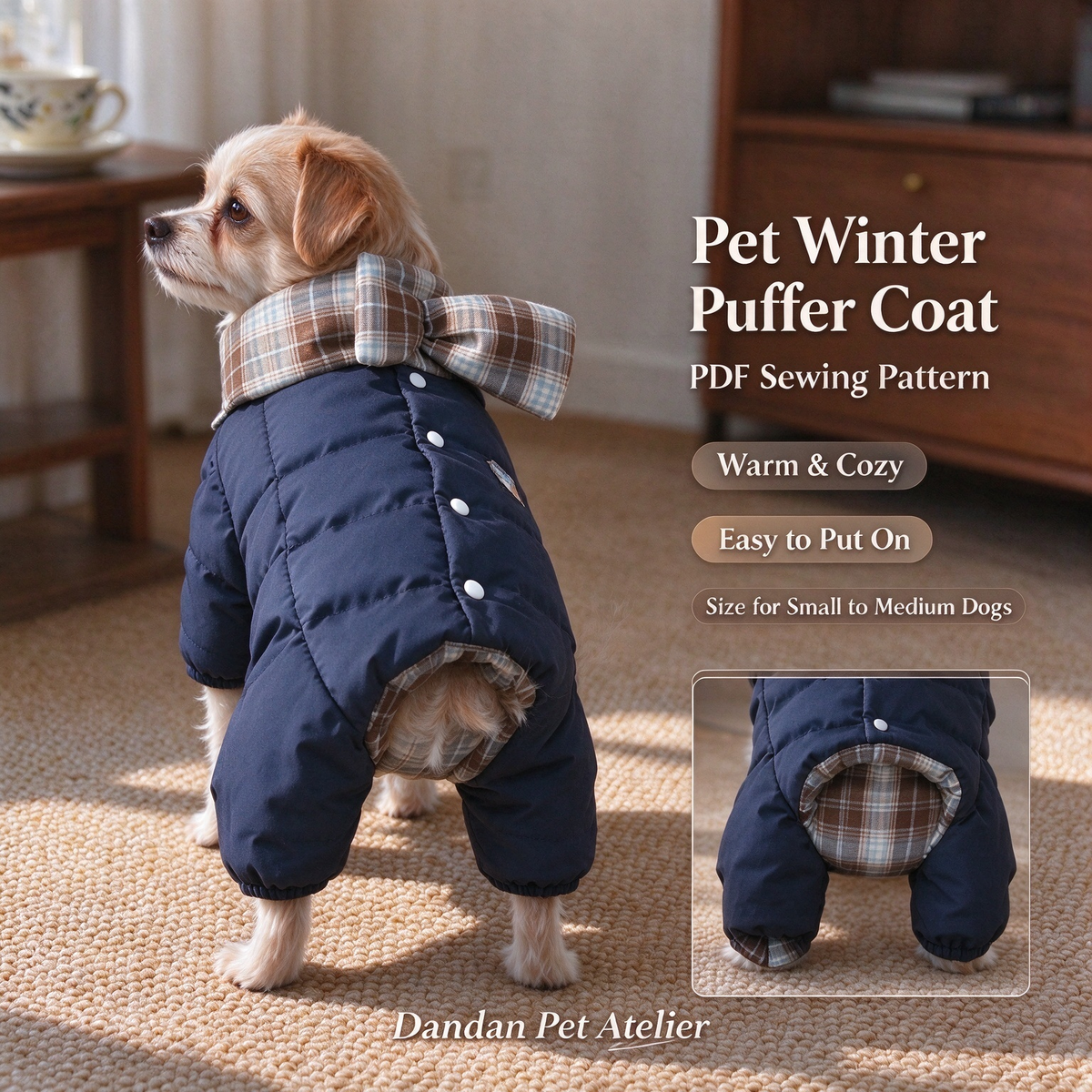 Pet Winter Puffer Coat Sewing Pattern With Tutorial | A4 Printable PDF & PLT Files, 13 Sizes XS-9XL, Dog Saliva Bib Included, Instant Download