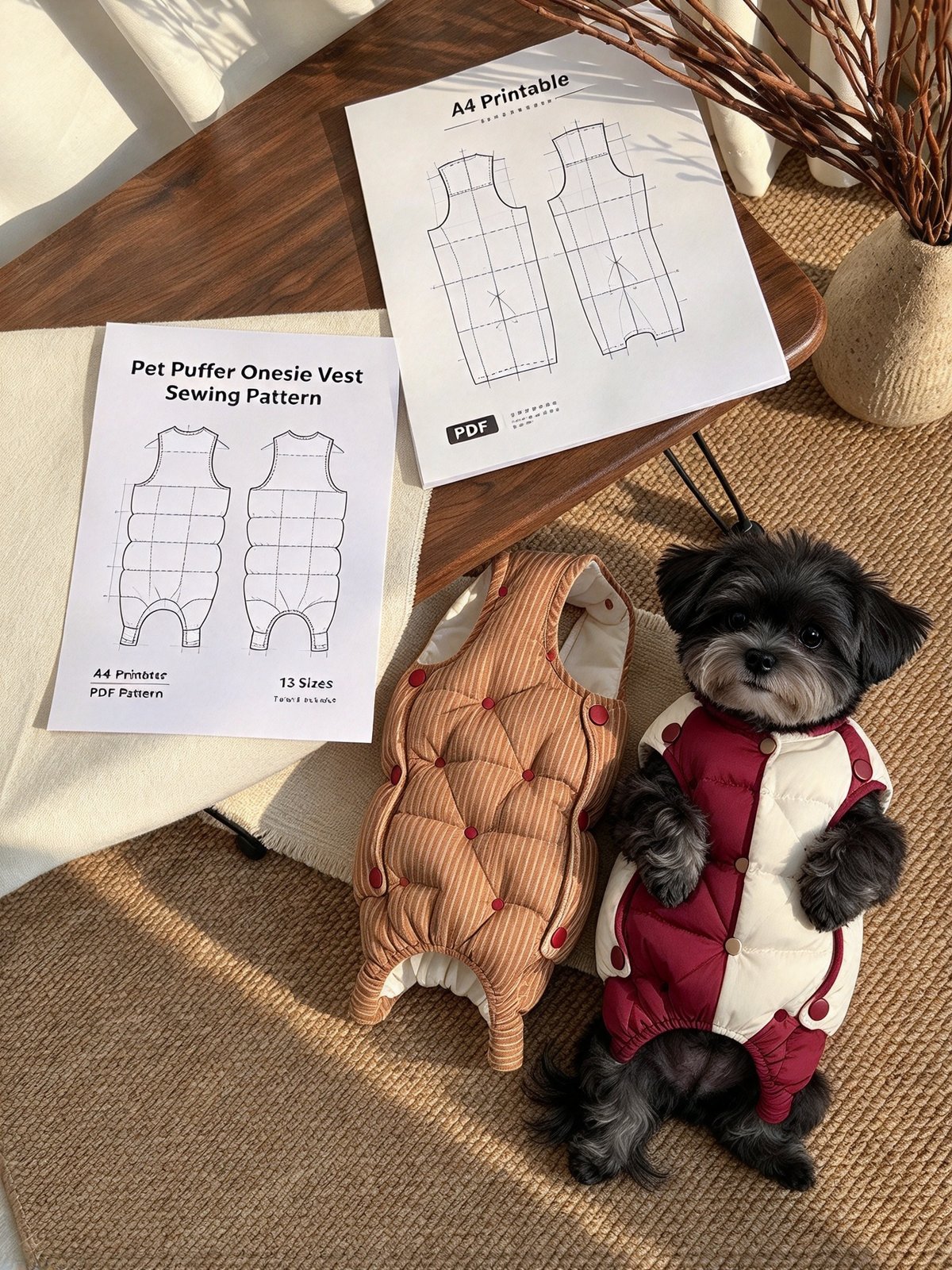 Pet Puff Quilted Bodysuit Vest Sewing Pattern XS-9XL | PDF+PLT Sewing Tutorial, A4 Printable Dog Winter Warm Coat Pattern