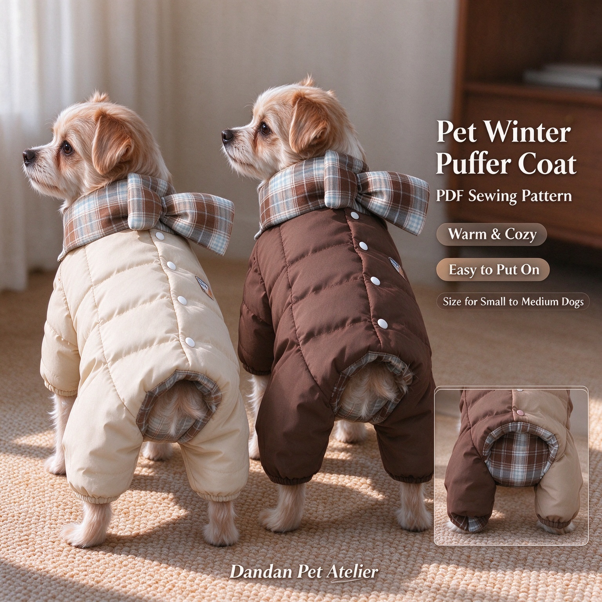 Pet Winter Puffer Coat Sewing Pattern With Tutorial | A4 Printable PDF & PLT Files, 13 Sizes XS-9XL, Dog Saliva Bib Included, Instant Download