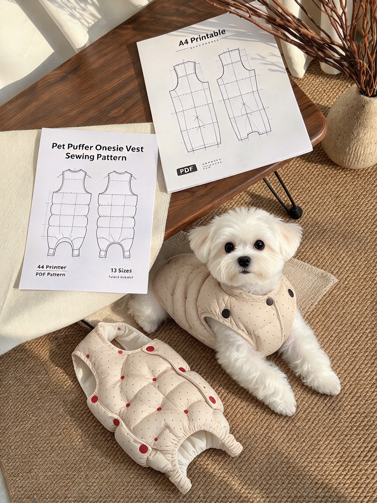 Pet Puff Quilted Bodysuit Vest Sewing Pattern XS-9XL | PDF+PLT Sewing Tutorial, A4 Printable Dog Winter Warm Coat Pattern