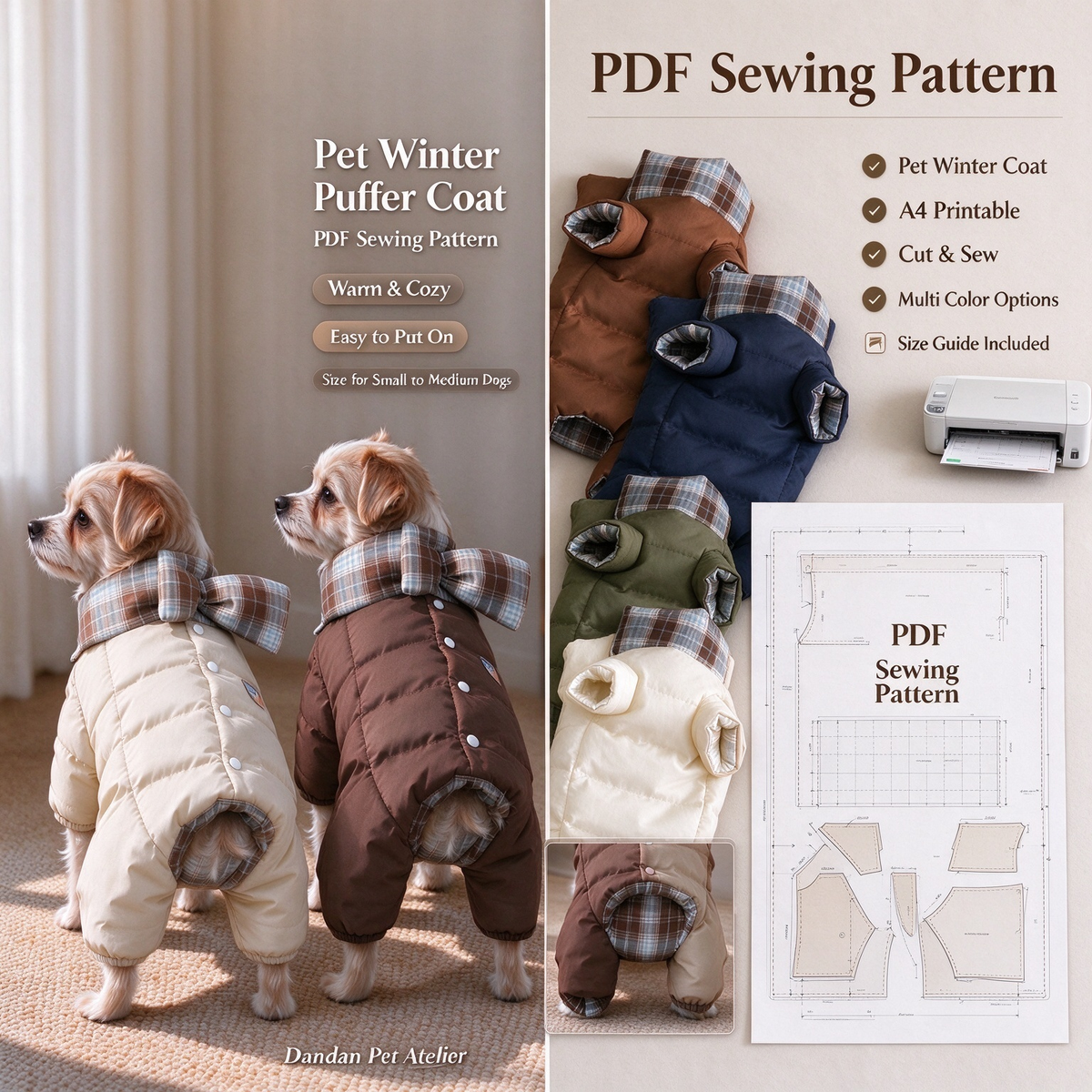 Pet Winter Puffer Coat Sewing Pattern With Tutorial | A4 Printable PDF & PLT Files, 13 Sizes XS-9XL, Dog Saliva Bib Included, Instant Download