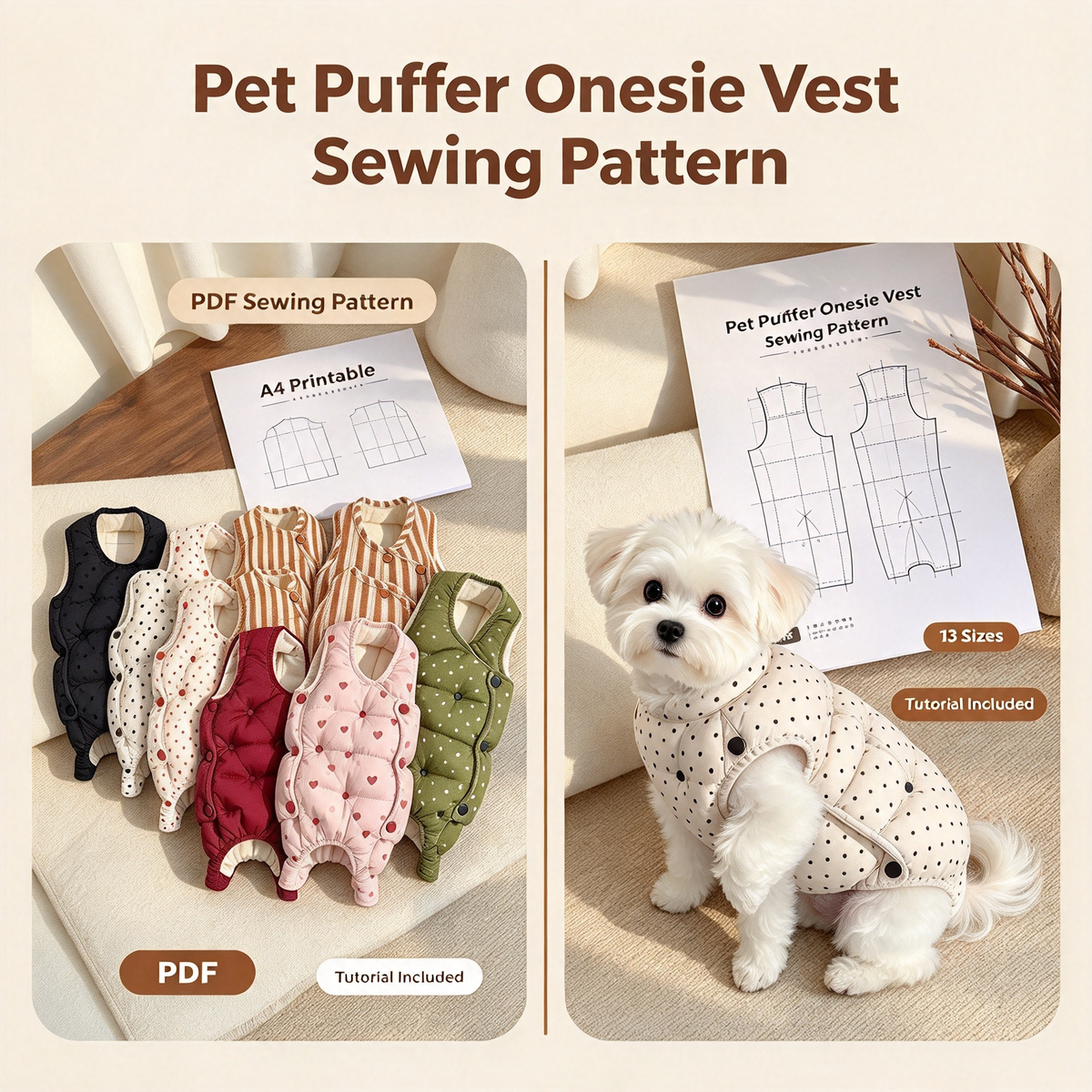 Pet Puff Quilted Bodysuit Vest Sewing Pattern XS-9XL | PDF+PLT Sewing Tutorial, A4 Printable Dog Winter Warm Coat Pattern