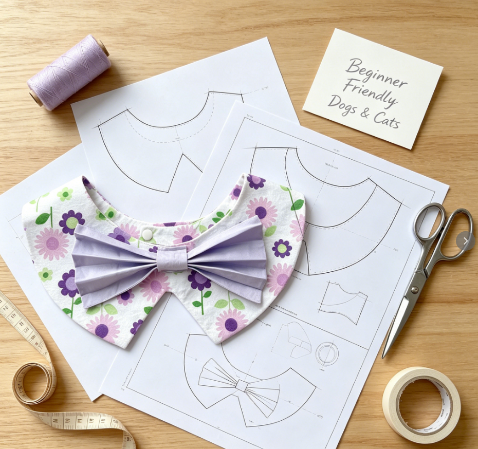 Flower Print Spiky Pet Bandana Sewing Pattern PDF | Purple Floral Bib with Bow for Dogs & Cats | 13 Sizes XS to 9XL | Fits Neck 10.2"–29.9" | Printable Instant Download