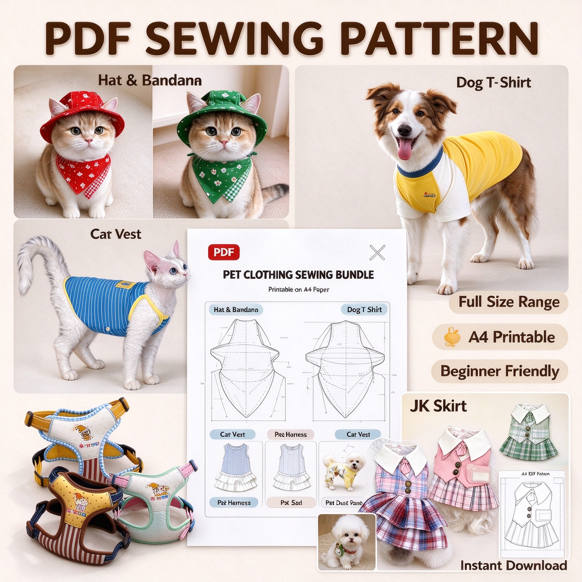 Complete Full Pet Outfit Wardrobe Bundle | Pet JK Academy Uniform + Ultimate Pet Sewing Pattern Pack | 10 Complete Styles, PDF, Full Sizes, A4 Printable, Instant Download | Hat, Bandana, Harness, 2 Pet Beds, T-Shirts, Vest, Dust Pants & Pet Dresses