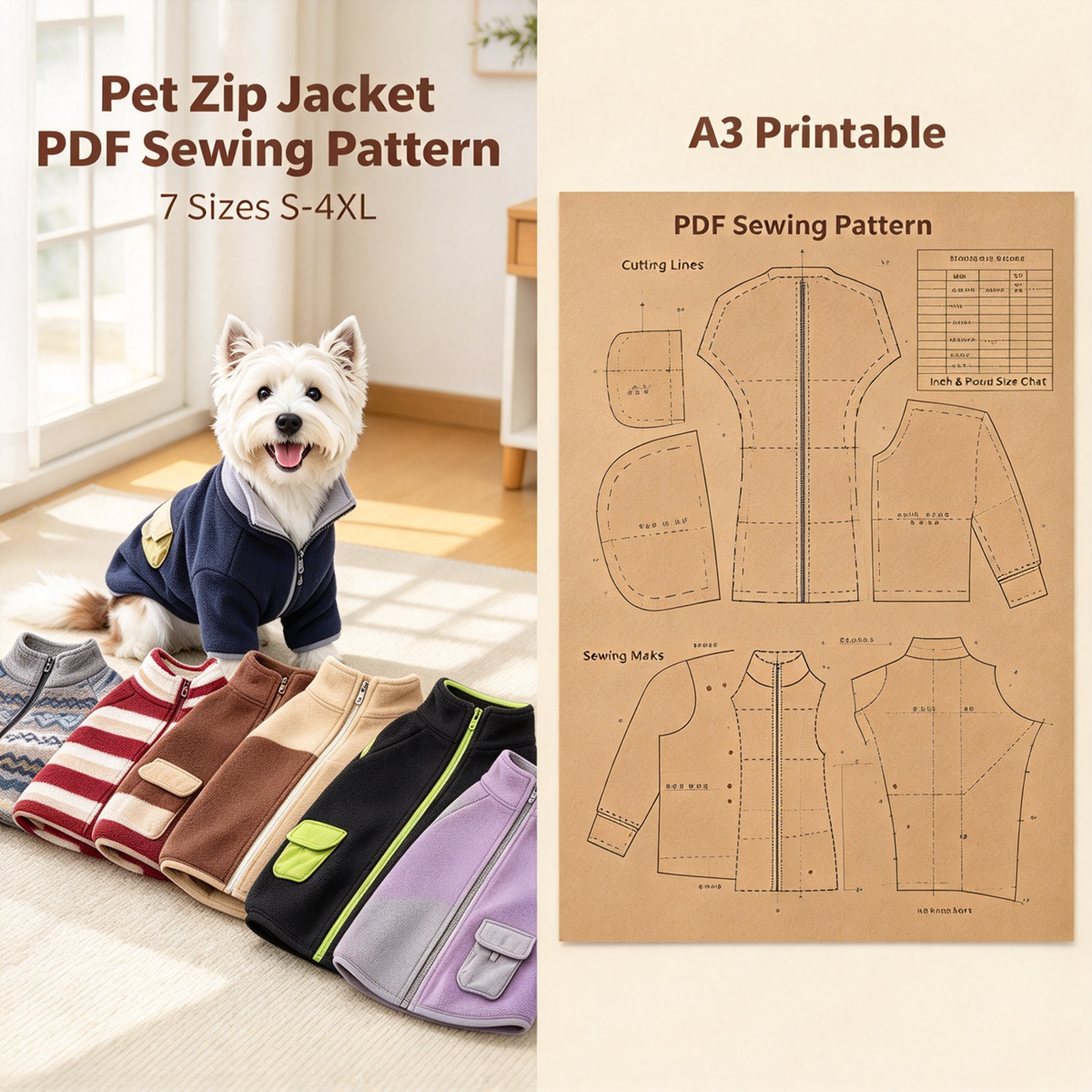 Pet Zip Jacket & Matching Bib PDF Sewing Pattern for Dogs & Cats | 7 Sizes S-4XL, Inch & Pound Size Chart, A3 Printable, Step-by-Step Sewing Tutorial, Fleece Pet Coat Template