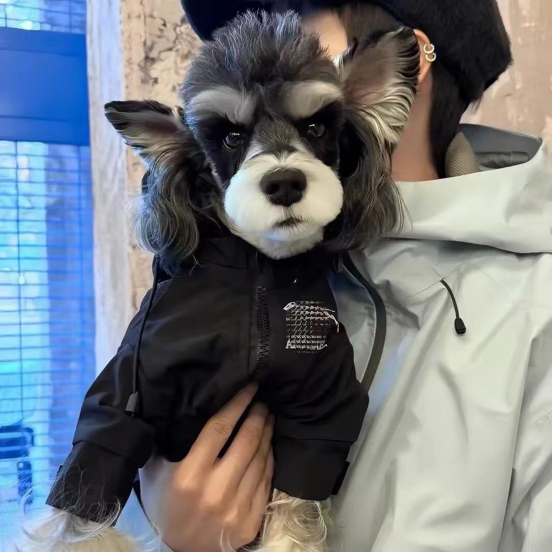 Warm waterproof dog hooded jacket for autumn & winter. Windproof pet outdoor coat with front zipper, available in XS–XXL sizes, measured in inches. Perfect for small dogs like Schnauzer, great for walking & outdoor adventures.