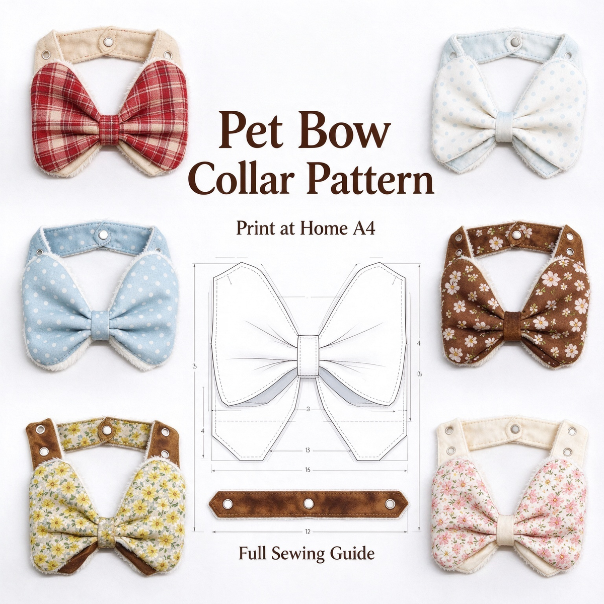 Bone Bow Tie Pet Bib Sewing Pattern PDF | A4 Printable | 10 Sizes XXS-5XL | Step-by-Step Sewing Tutorial