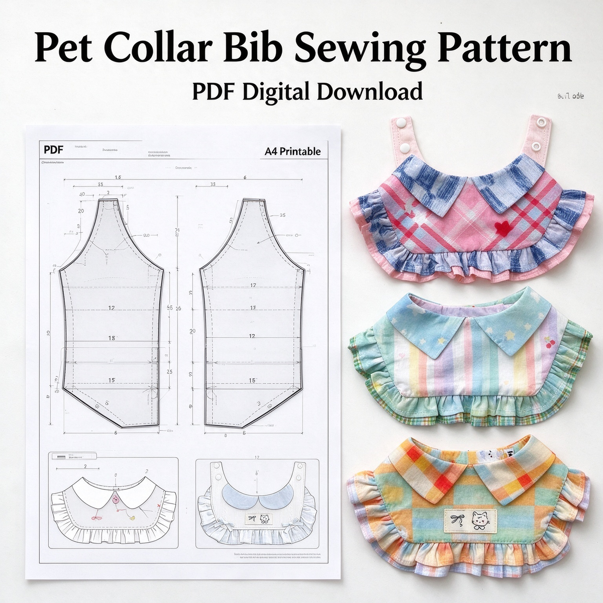Peter Pan Collar Ruffle Pet Bib Sewing Pattern PDF | A4 Printable | 10 Sizes XXS-5XL | Step-by-Step Sewing Tutorial