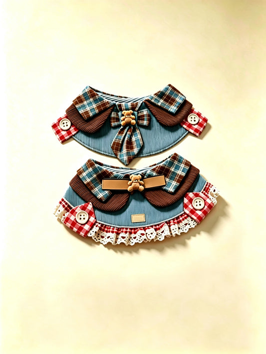 Retro Bear Plush Pet Bib with Plaid Bow Tie & Lace Doll Collar – Adjustable Drool Bib Neck Scarf for Small Medium Dogs, Puppies & Kittens