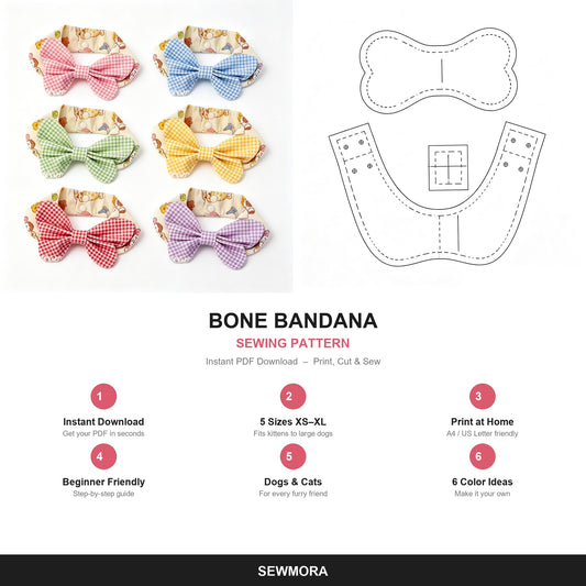 Dog & Cat Bow Tie Bandana Sewing Pattern – Pet Collar Bib PDF, 5 Sizes XS-XL, Print at Home