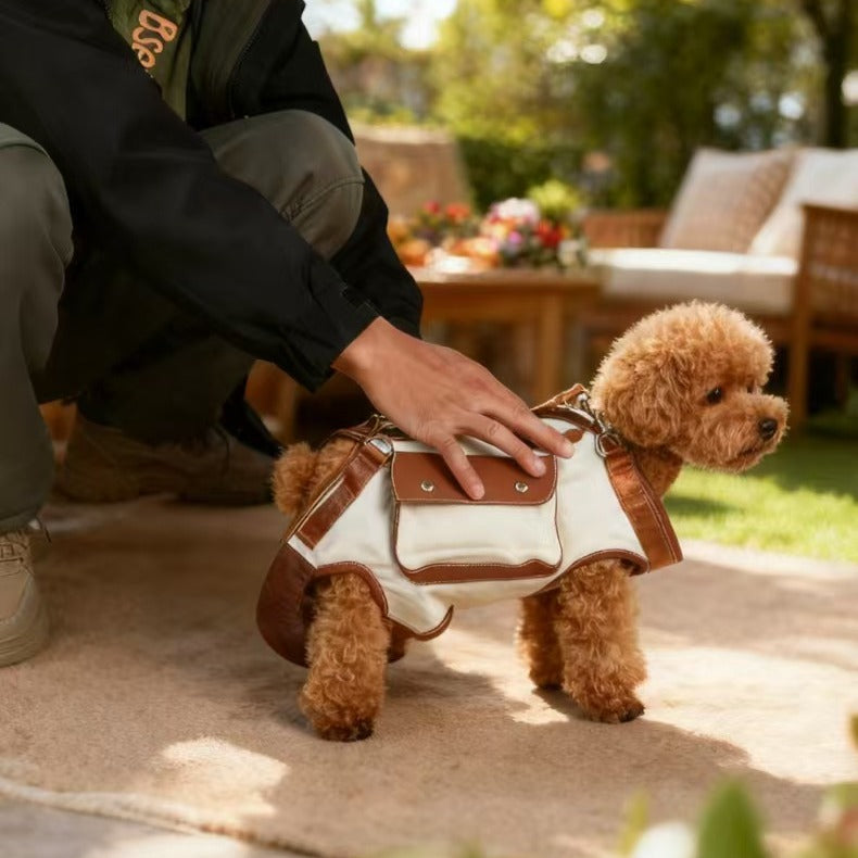 2-in-1 Dog Carrier & Walking Harness, Hands-Free Pet Sling Bag with Side Pocket, Vintage Canvas Puppy Travel Bag for Small Dogs & Cats