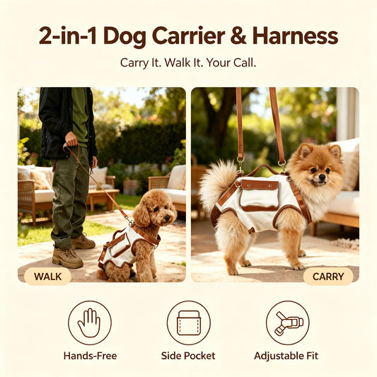 2-in-1 Dog Carrier & Walking Harness, Hands-Free Pet Sling Bag with Side Pocket, Vintage Canvas Puppy Travel Bag for Small Dogs & Cats