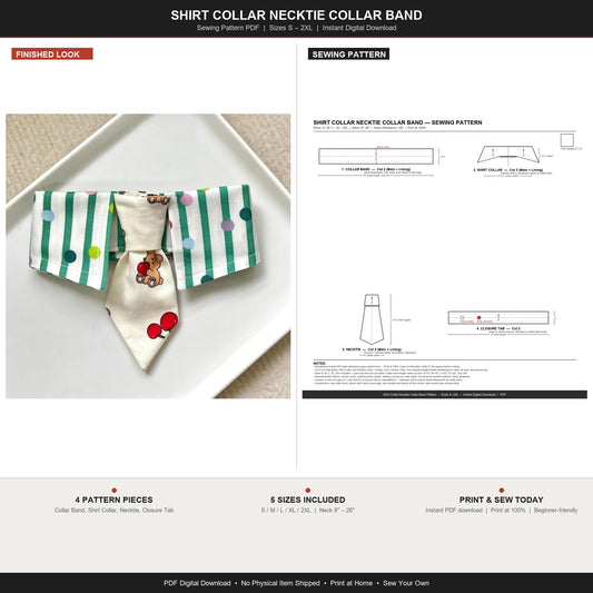 Shirt Collar Necktie Dog Bandana Sewing Pattern PDF | Collar Band Pet Accessory | Sizes S–2XL