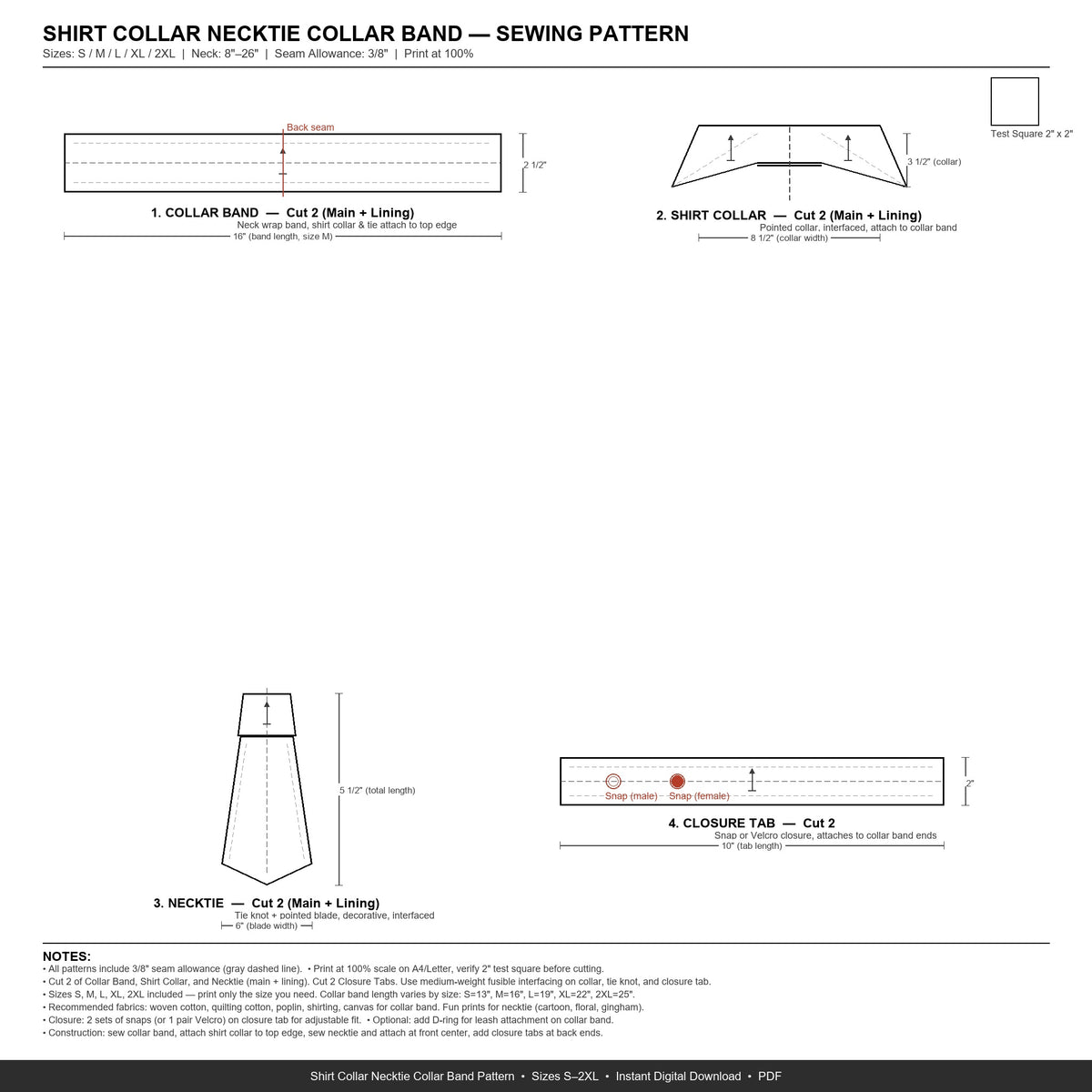 Shirt Collar Necktie Dog Bandana Sewing Pattern PDF | Collar Band Pet Accessory | Sizes S–2XL