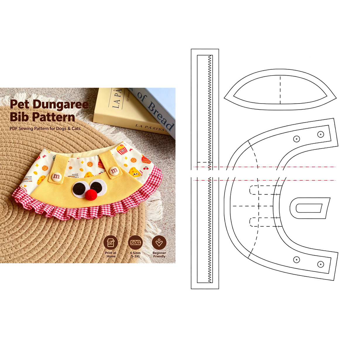 Pet Bandana Sewing Pattern PDF with Step-by-Step Tutorial | Big Eyes Ruffle Dog Cat Scarf | S–3XL Digital Download