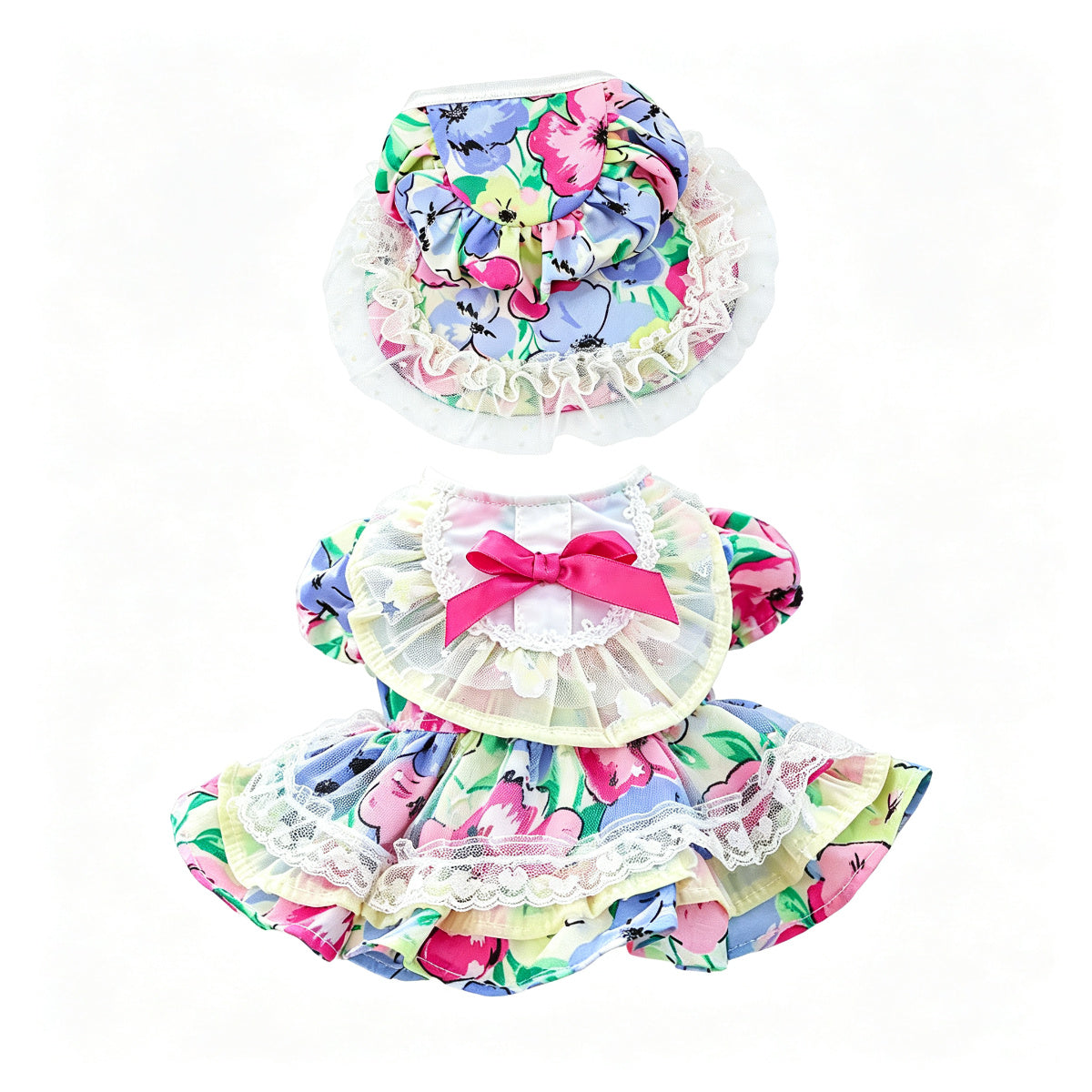 Floral Lace Pet Outfit Set for Small Dogs & Cats – Dress with Matching Bonnet