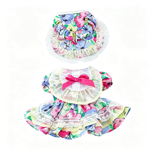 Floral Lace Pet Outfit Set for Small Dogs & Cats – Dress with Matching Bonnet