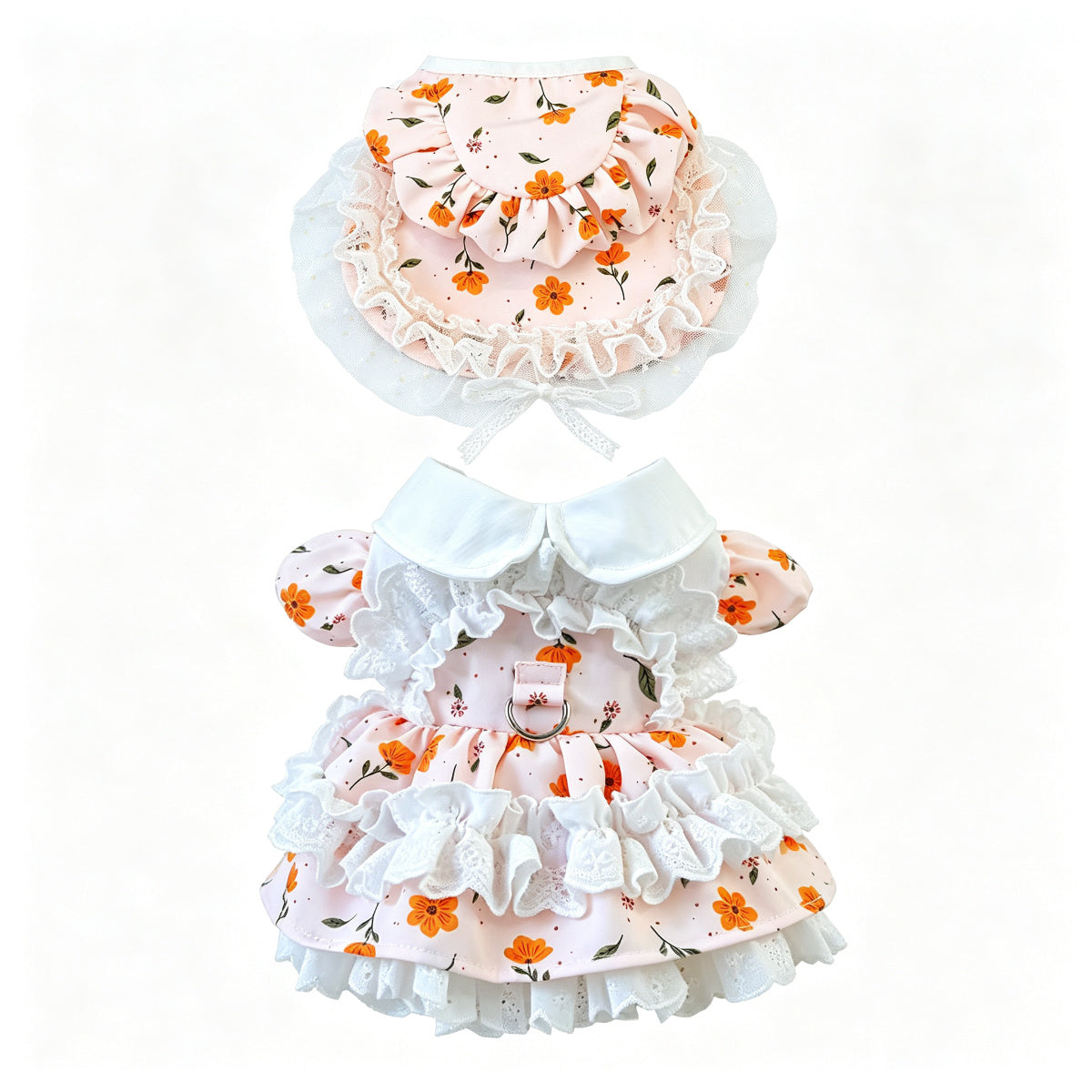 Pink Floral Lace Pet Outfit Set for Small Dogs & Cats – Dress with Matching Bonnet