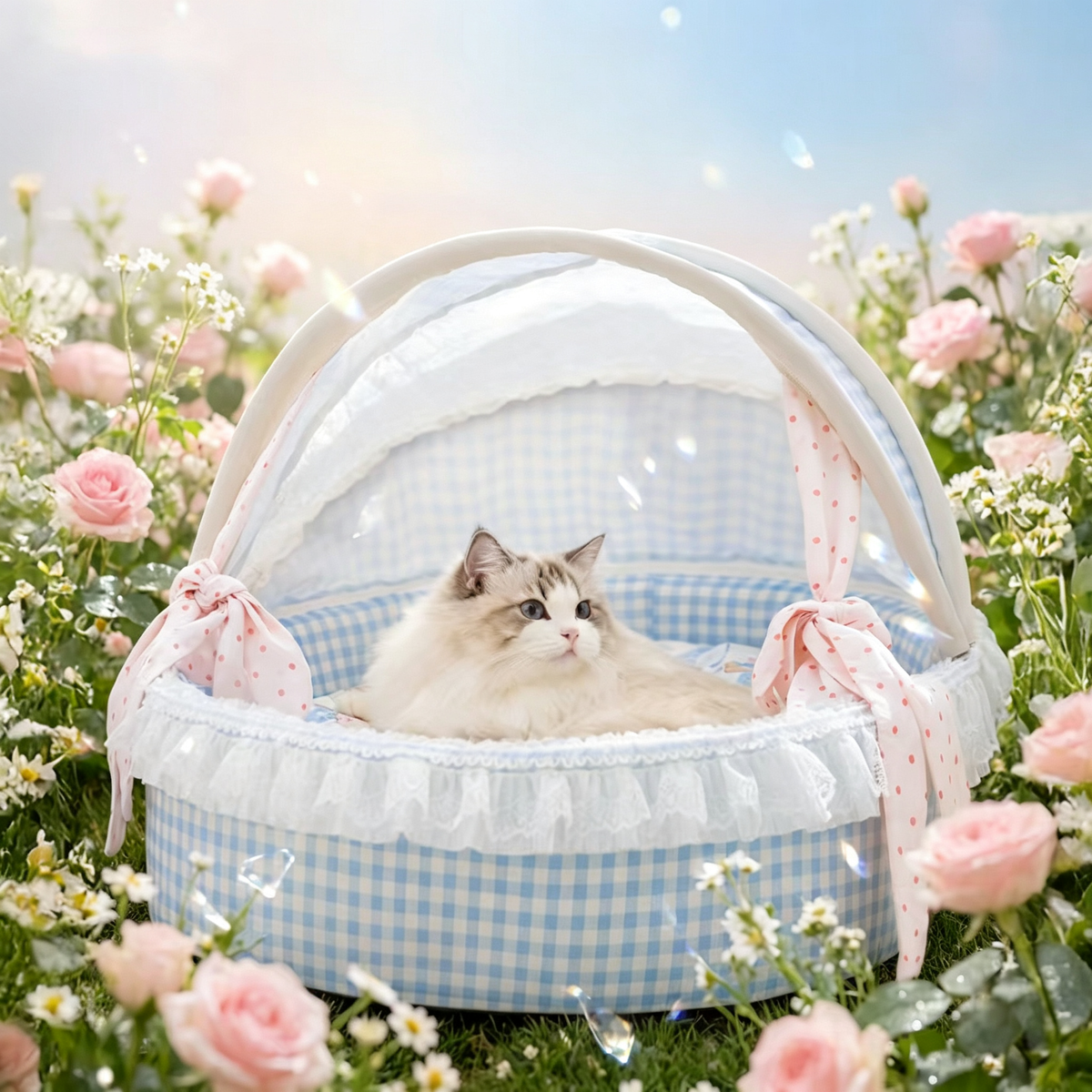 Lace Trim Canopy Pet Cradle Bed | Cute Bunny Floral Print Soft Cat & Dog Bed | Semi-Enclosed Cozy Pet Nest for Small & Medium Pets