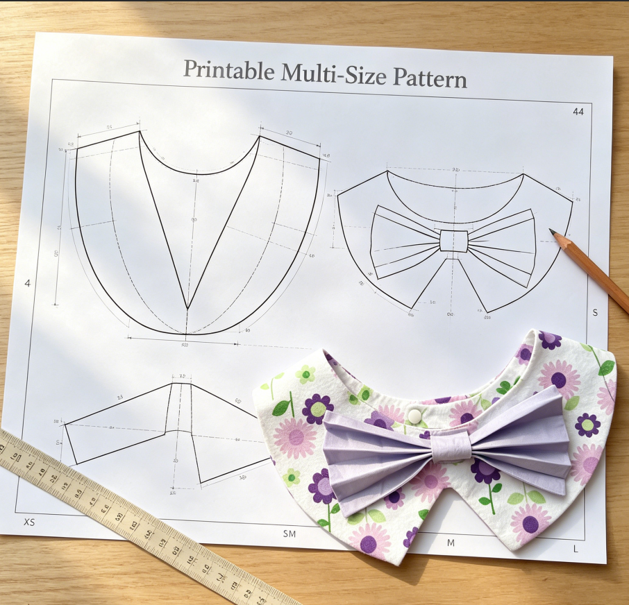 Flower Print Spiky Pet Bandana Sewing Pattern PDF | Purple Floral Bib with Bow for Dogs & Cats | 13 Sizes XS to 9XL | Fits Neck 10.2"–29.9" | Printable Instant Download