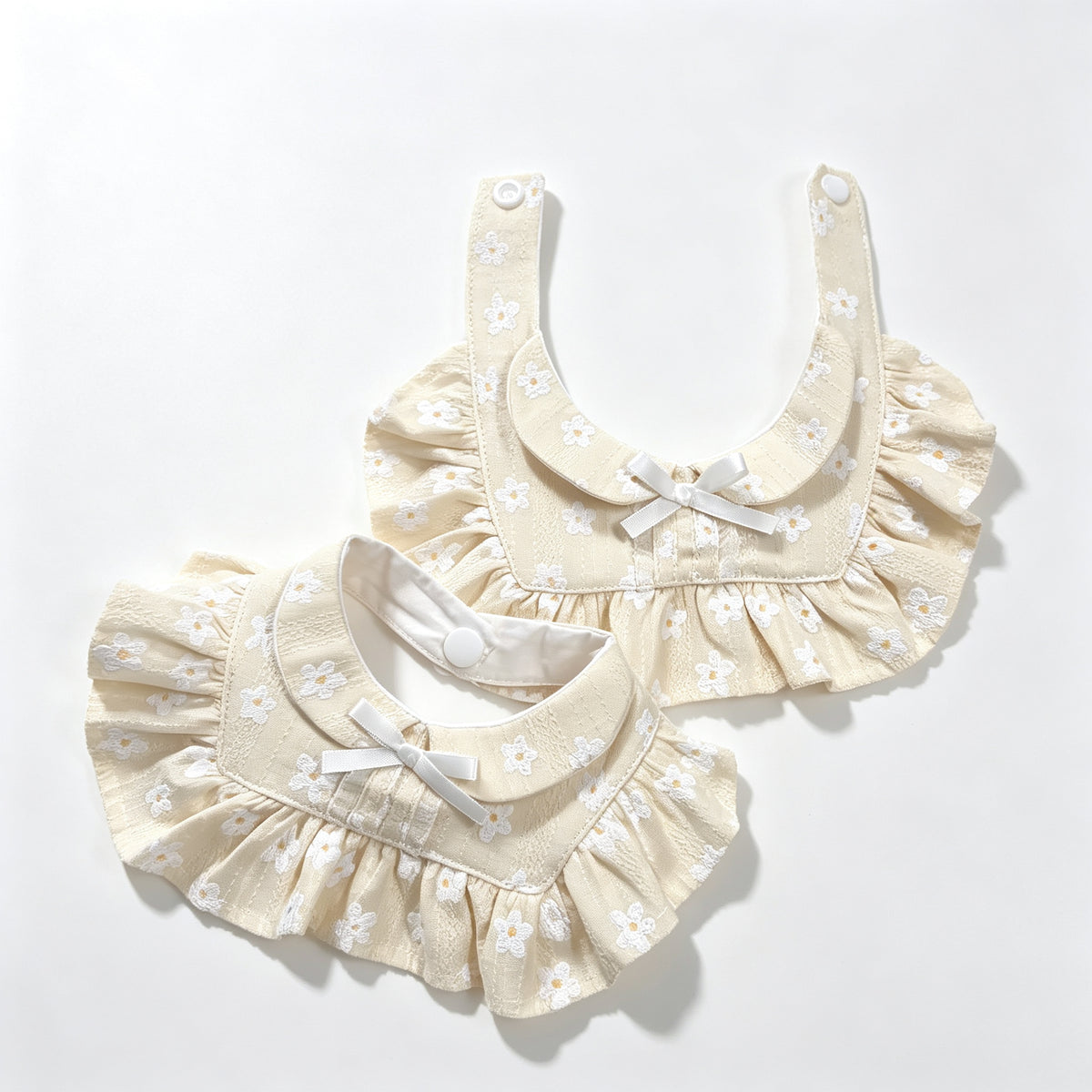 Pet Bandana Sewing Pattern – Cream Floral Ruffle Bib | Satin Bow & Snap Closure | 5 Sizes S–XXL | PDF Digital Download