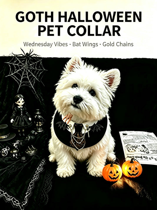 Gothic Halloween Pet Collar & Bib – Wednesday-Inspired Bat Wing Dog & Cat Costume