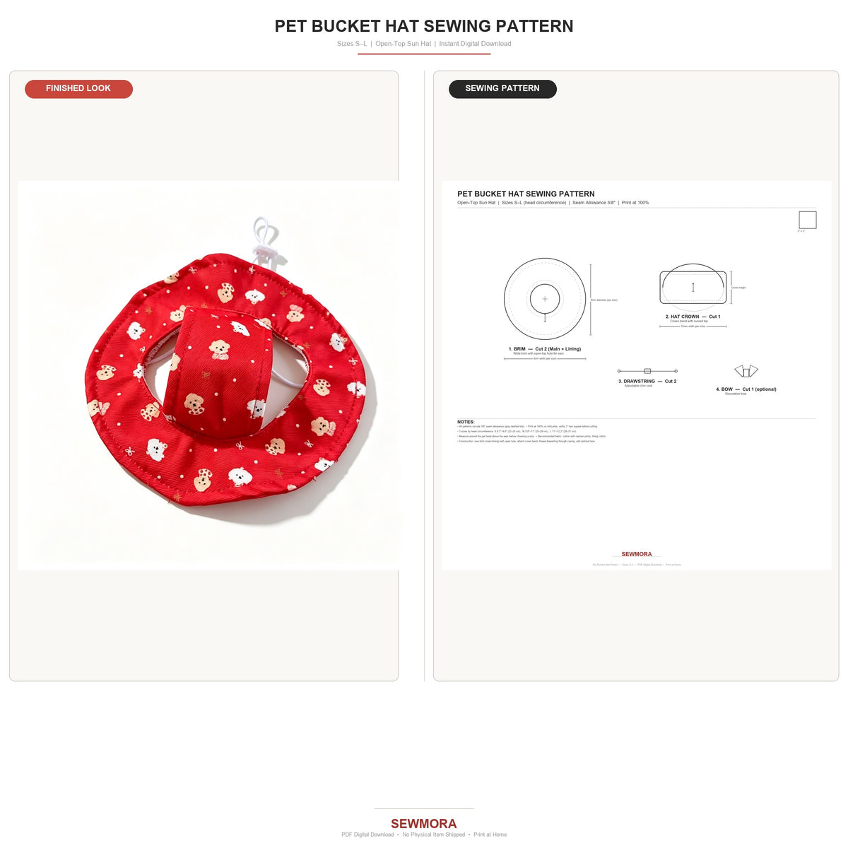 Pet Bucket Hat Sewing Pattern PDF with Sewing Tutorial & Guide — Erect-Ear & Floppy-Ear Styles | 9 Sizes (S–6XL) for Cats & Dogs