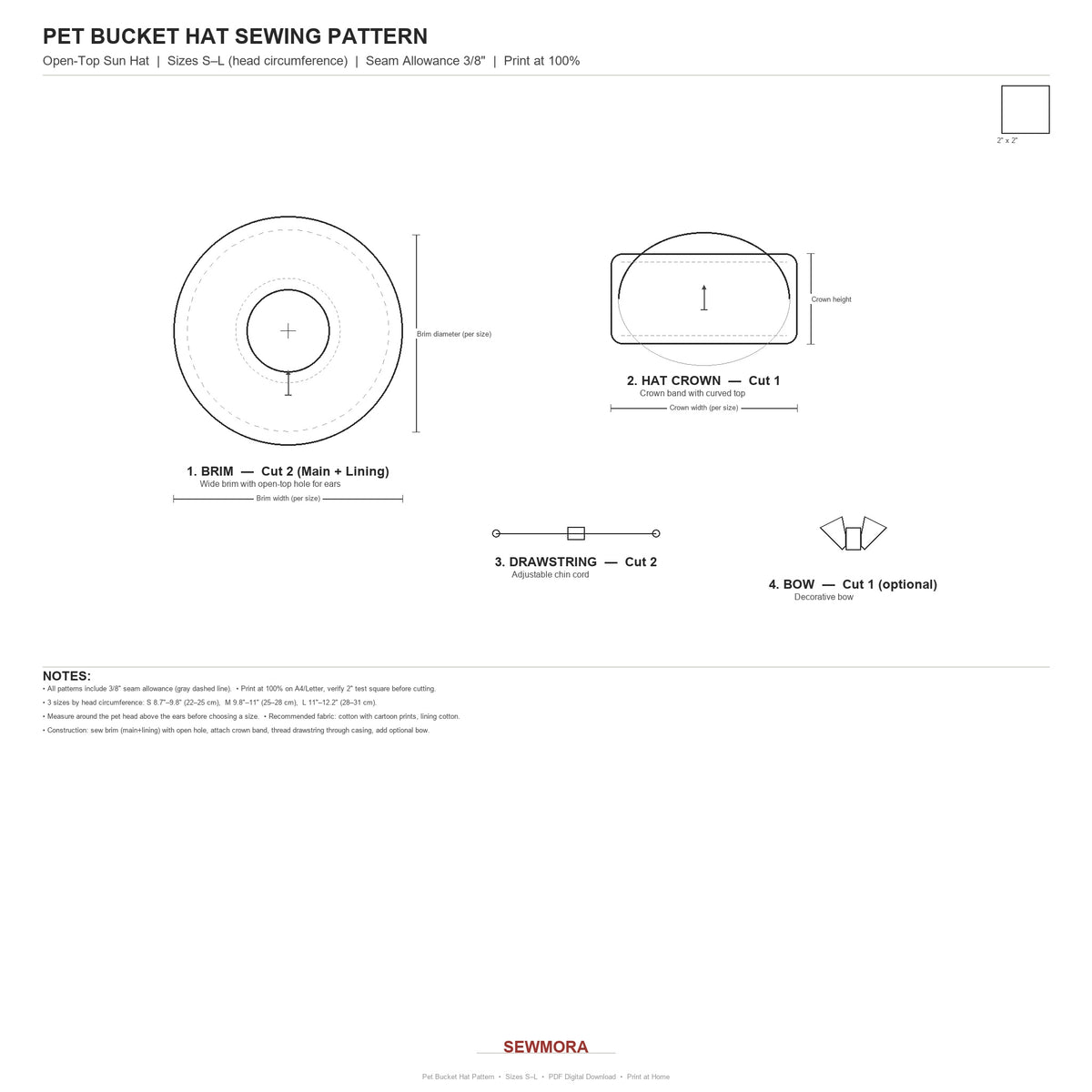 Pet Bucket Hat Sewing Pattern PDF with Sewing Tutorial & Guide — Erect-Ear & Floppy-Ear Styles | 9 Sizes (S–6XL) for Cats & Dogs