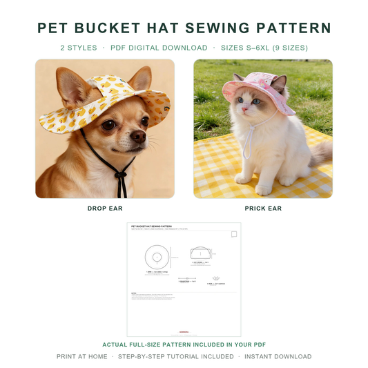 Pet Bucket Hat Sewing Pattern PDF with Sewing Tutorial & Guide — Erect-Ear & Floppy-Ear Styles | 9 Sizes (S–6XL) for Cats & Dogs