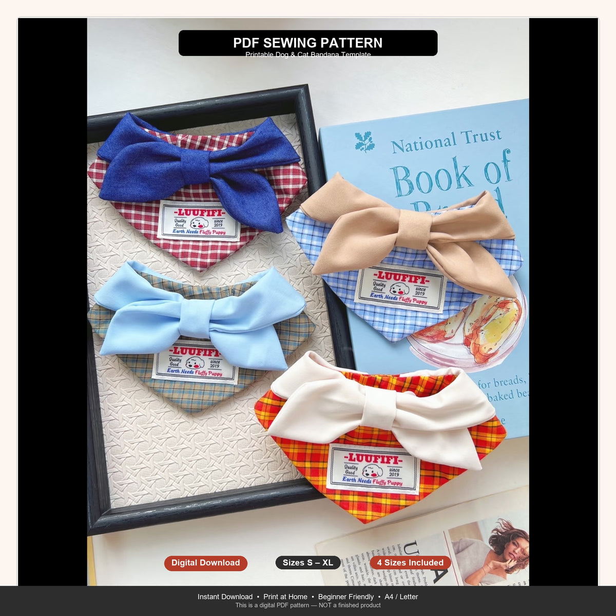 Dog Bandana Sewing Pattern PDF | Bow Tie Pet Scarf | Sizes S–XL | Printable Cat Dog Collar Template
