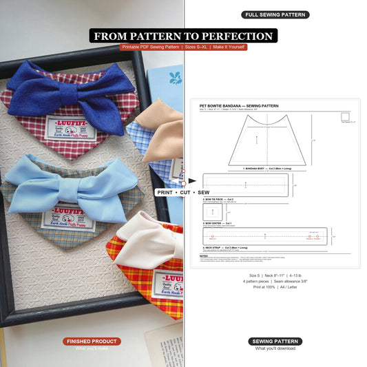 Dog Bandana Sewing Pattern PDF | Bow Tie Pet Scarf | Sizes S–XL | Printable Cat Dog Collar Template