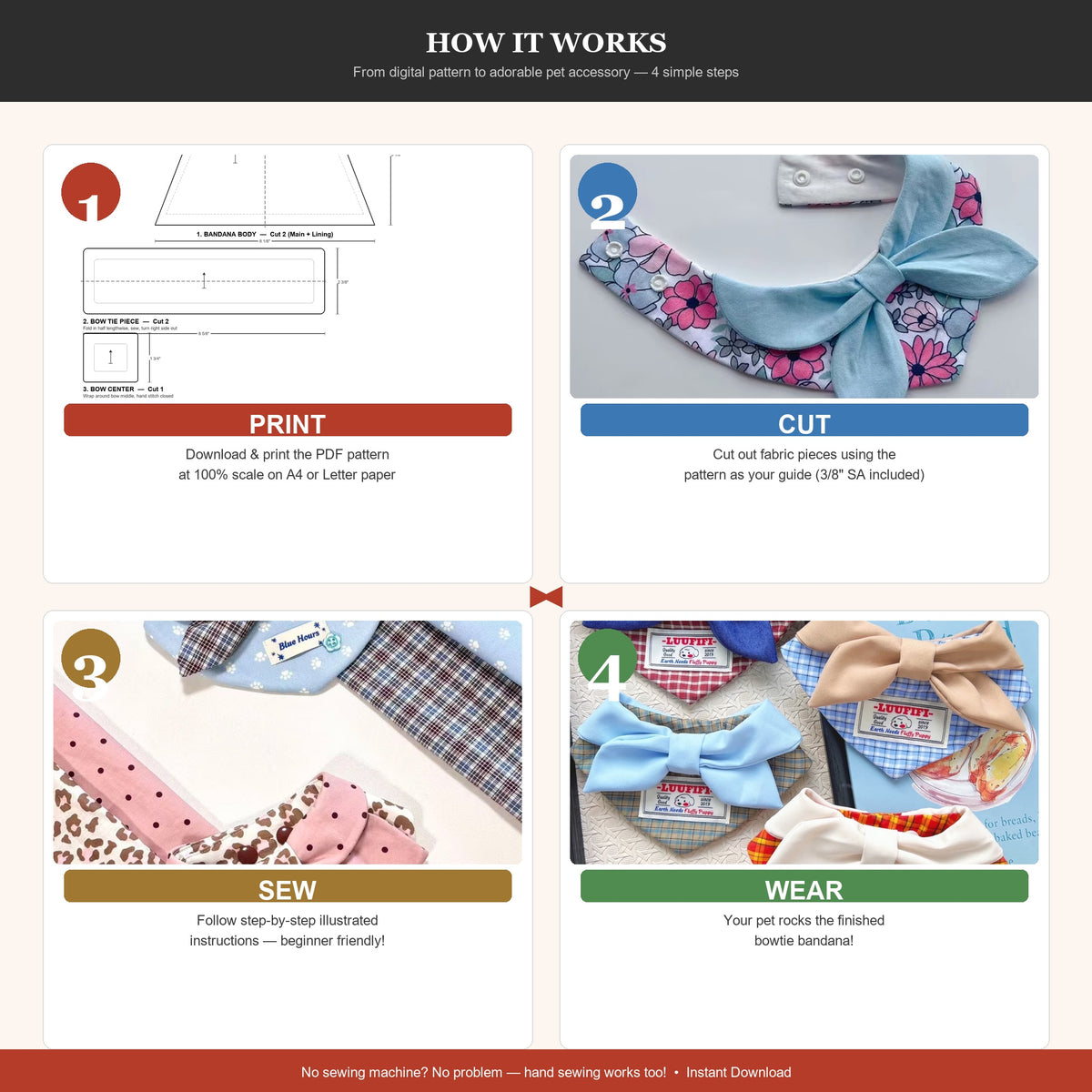 Dog Bandana Sewing Pattern PDF | Bow Tie Pet Scarf | Sizes S–XL | Printable Cat Dog Collar Template