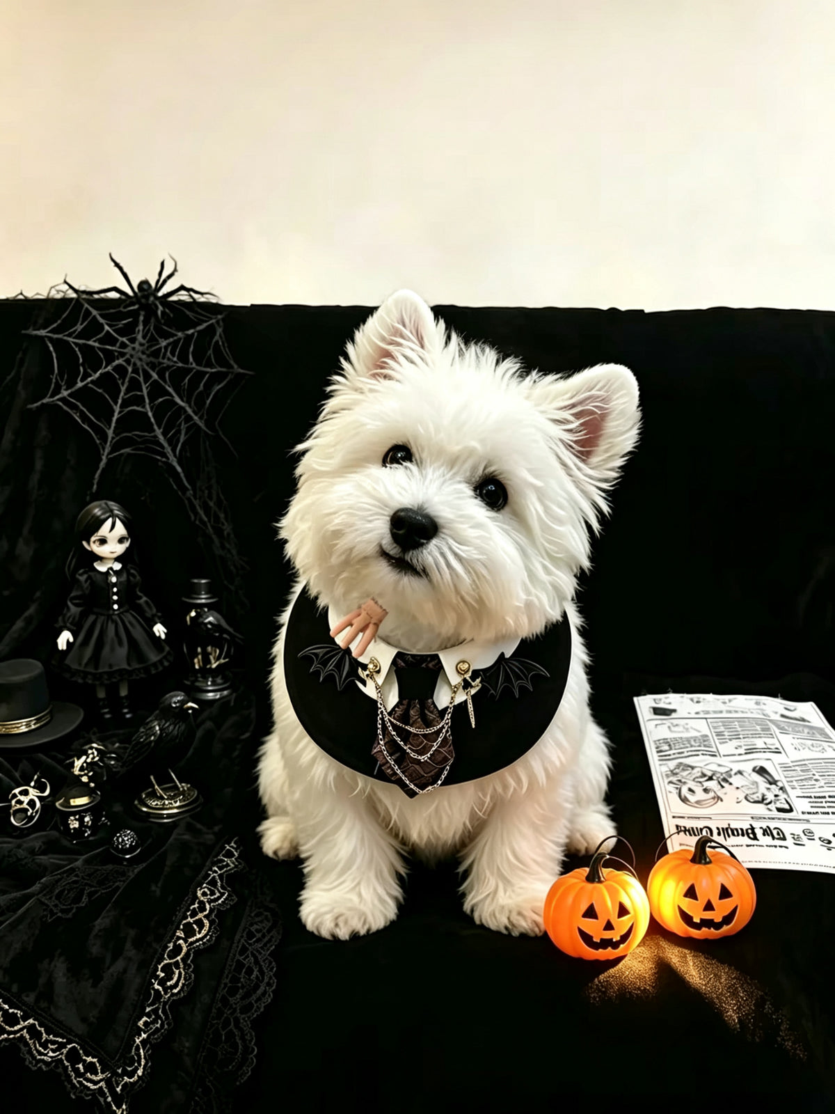 Gothic Halloween Pet Collar & Bib – Wednesday-Inspired Bat Wing Dog & Cat Costume