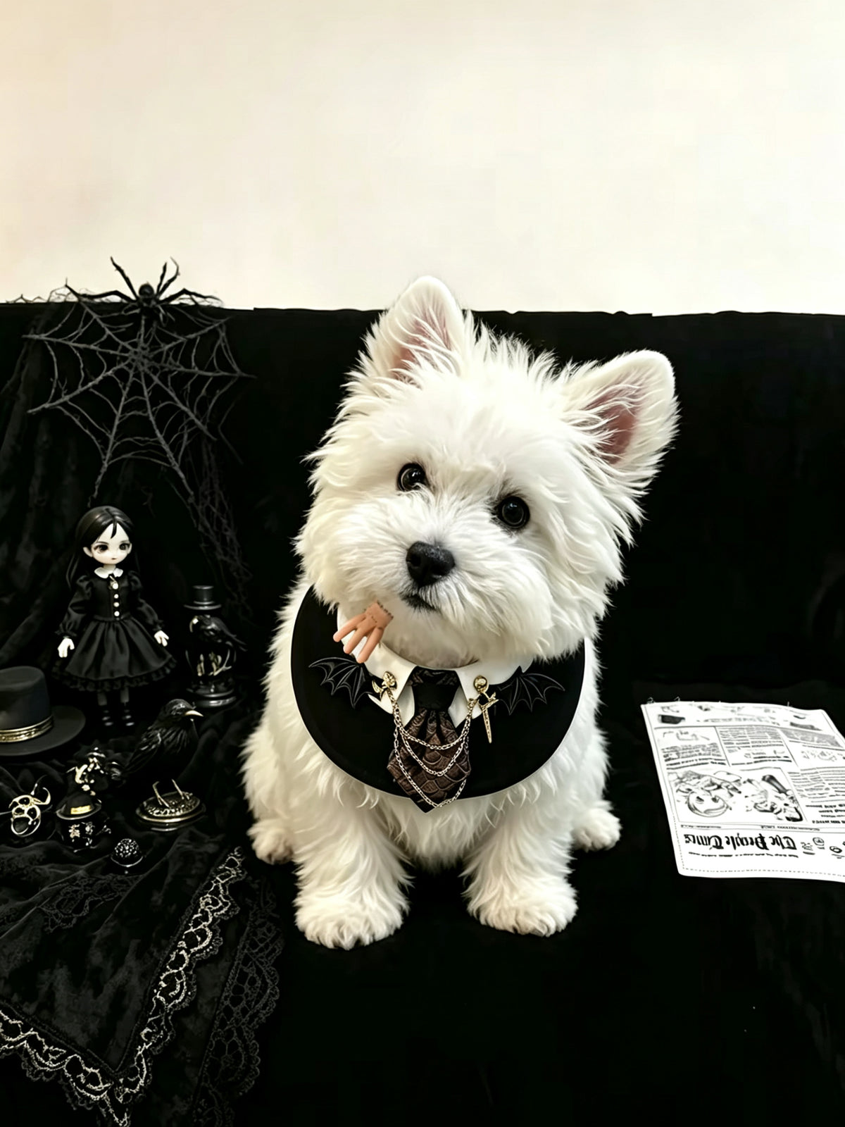 Gothic Halloween Pet Collar & Bib – Wednesday-Inspired Bat Wing Dog & Cat Costume